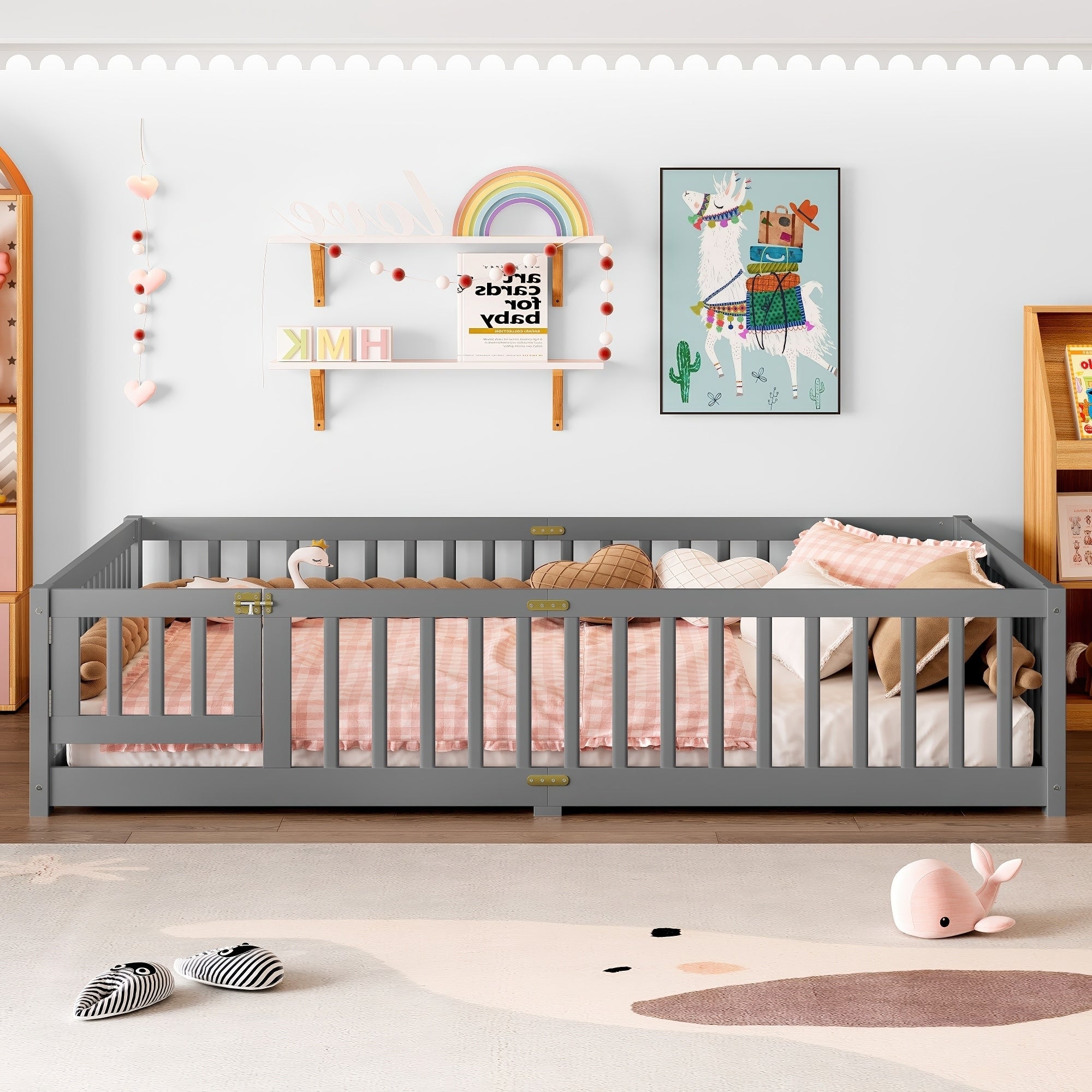 Roomfitters Queen Wood Floor Bed Safety Door Full Length Guardrails Grey Montessori Kid Platform Bed Removable Slat System