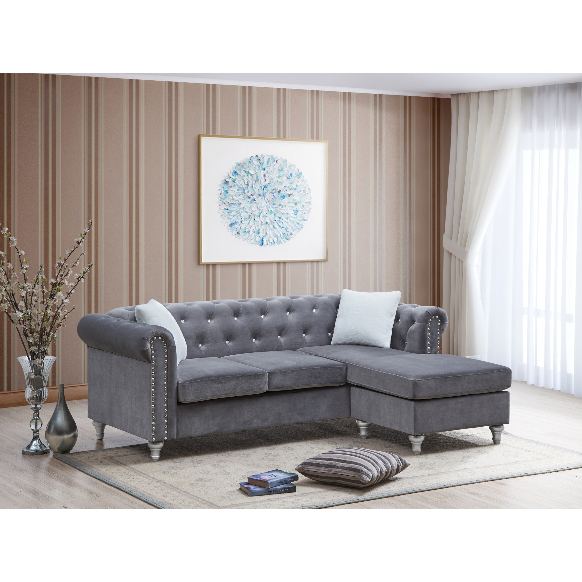 Roomfitters Raisa Grey Velvet Chesterfield Sofa Chaise Jeweled Tufted L Shaped Couch Modern Turned Wood Legs