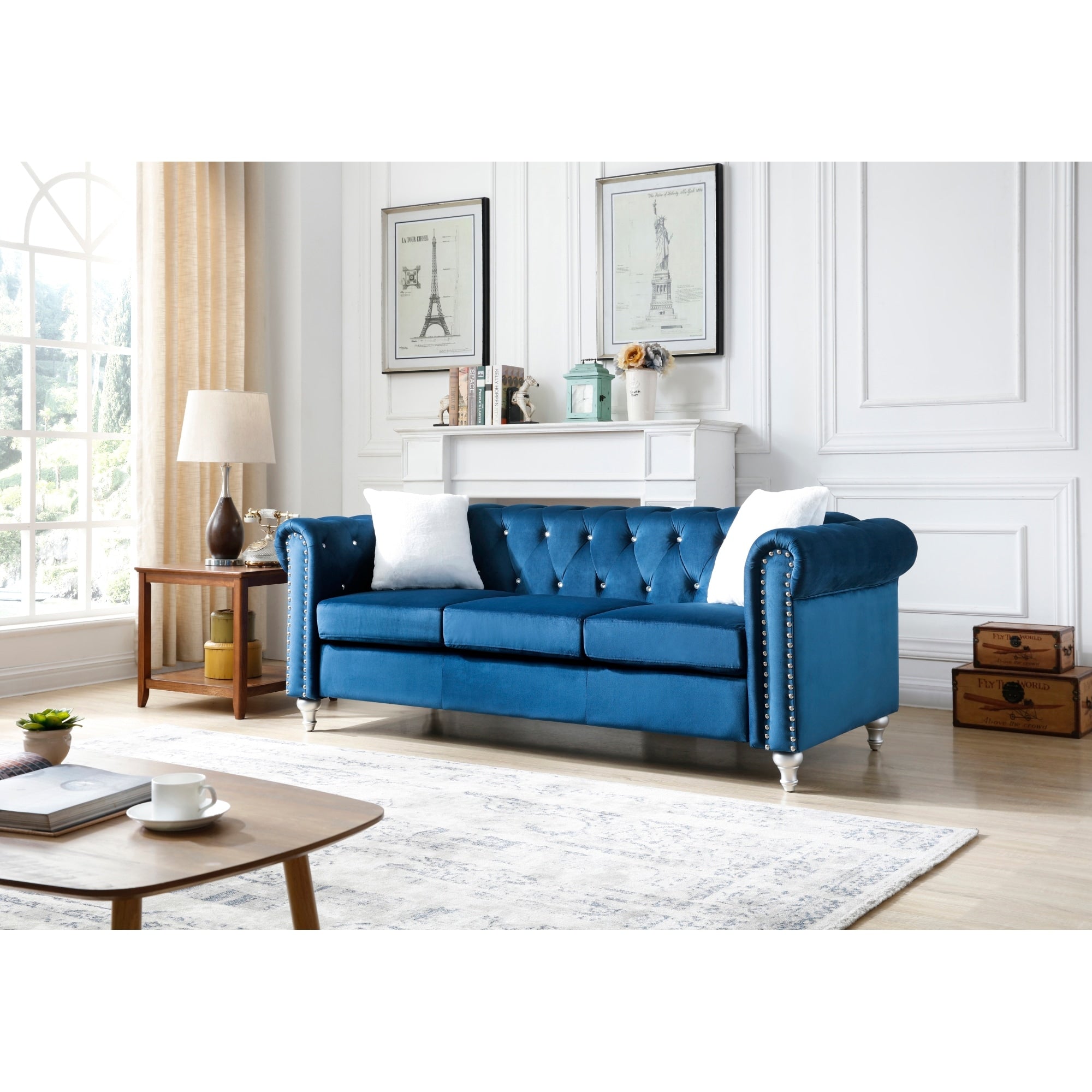 Roomfitters Raisa Velvet Chesterfield Sofa Jeweled Tufting 3 Seater Micro Suede Couch Hand Painted Legs