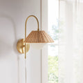 Roomfitters Rattan Weave Wall Sconce Plug In 13.5 Modern Boho Sconce With Frosted Glass Globe And Metal Frame Gold
