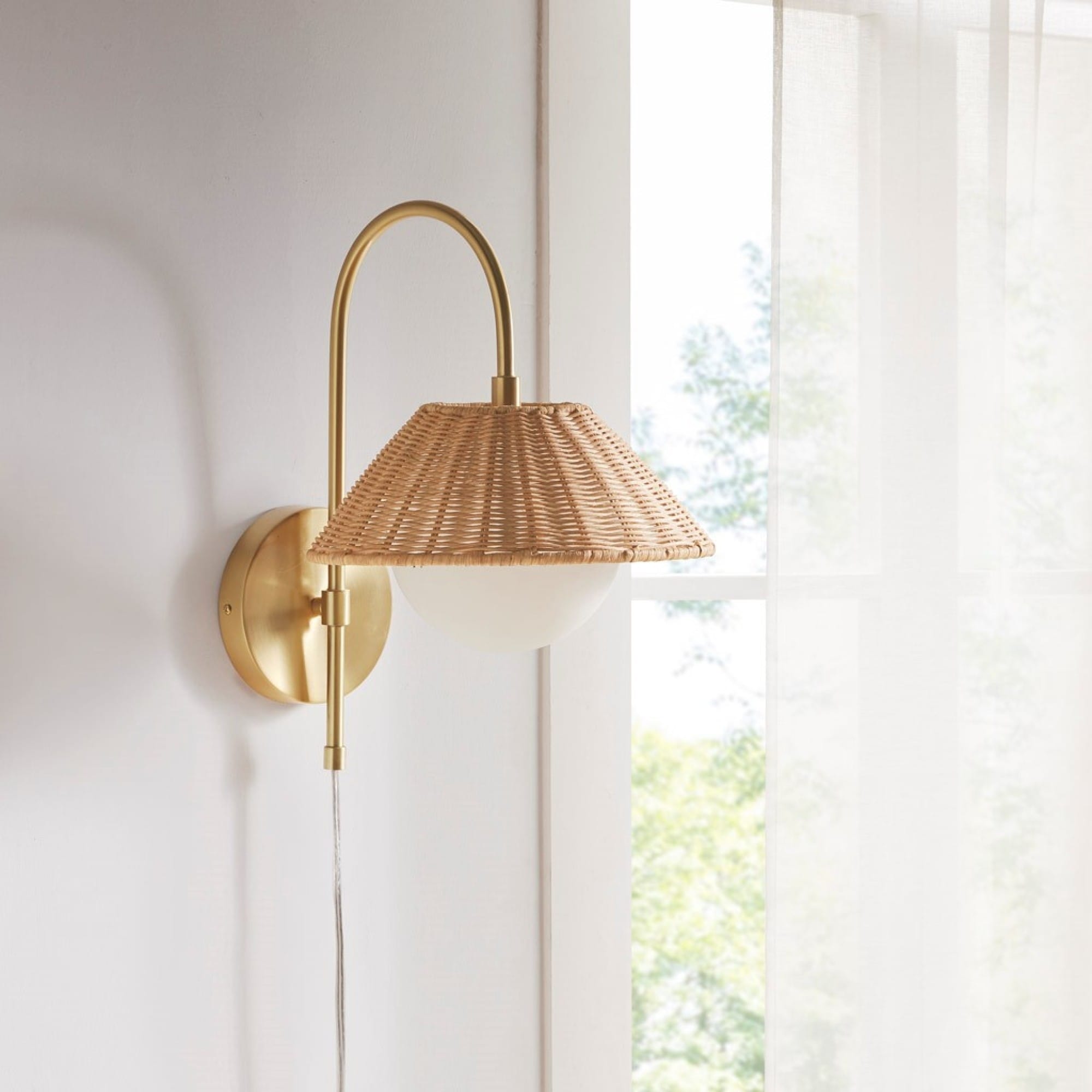 Roomfitters Rattan Weave Wall Sconce Plug In 13.5 Modern Boho Sconce With Frosted Glass Globe And Metal Frame Gold