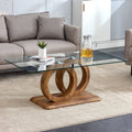 Roomfitters Rectangular Tempered Glass Coffee Table Luxury Natural Wood Grain Base Modern Geometric Design Sofa Table