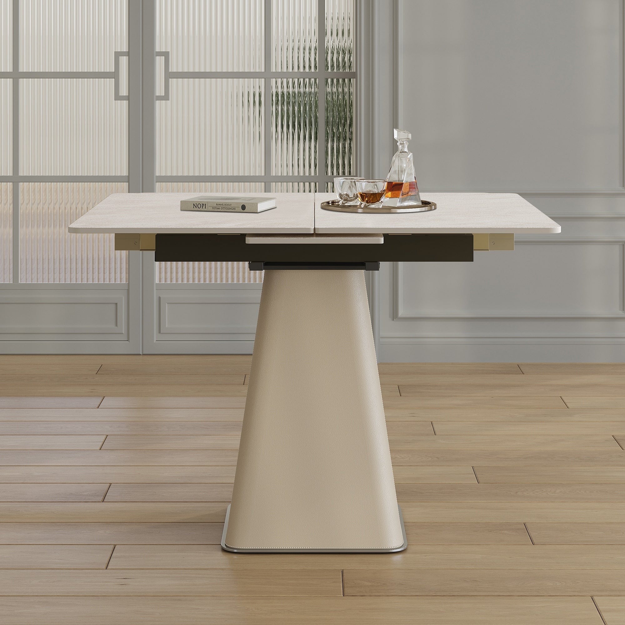 Roomfitters Retractable Sintered Stone Dining Table Square Base Expandable Desk Leather Pedestal
