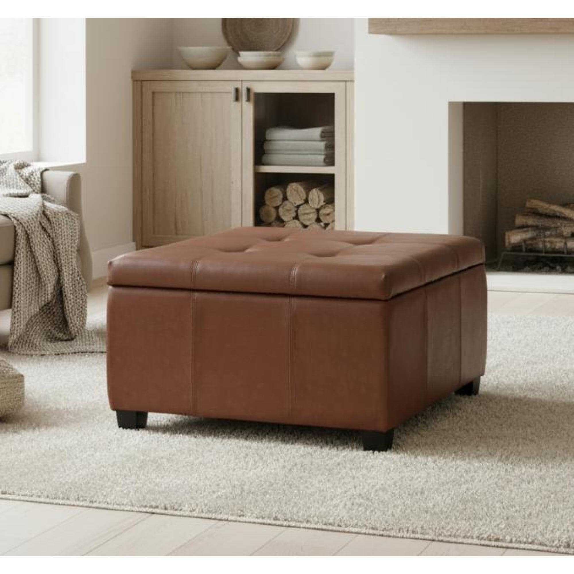 Roomfitters Richmond Faux Leather Storage Ottoman Waffle Tufted Coffee Table Bench Lift Top Hidden Storage