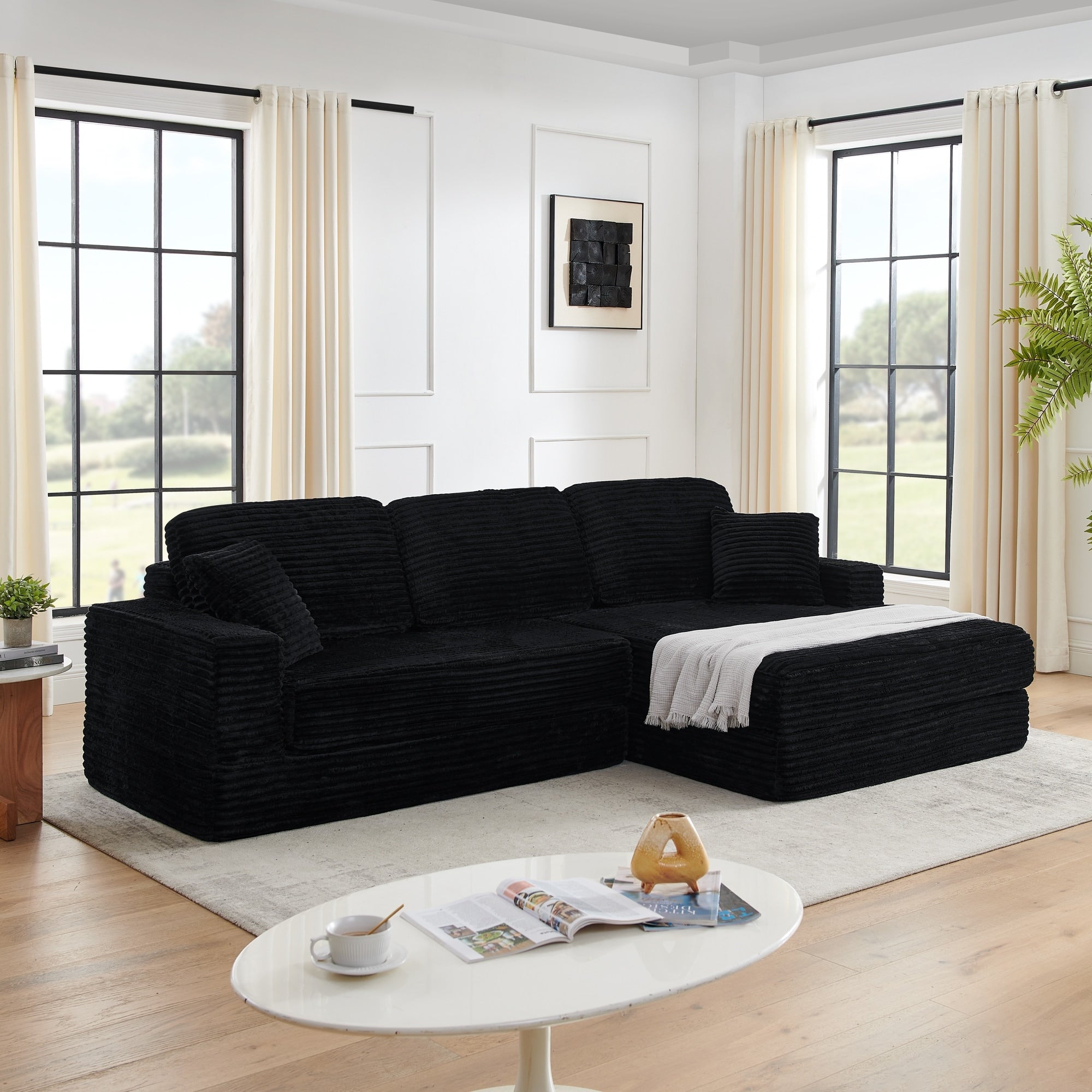 Roomfitters Right Hand Facing Sectional Sofa L Shaped Couch With Ribbed Corduroy Texture Upholstered Padded Seats Black