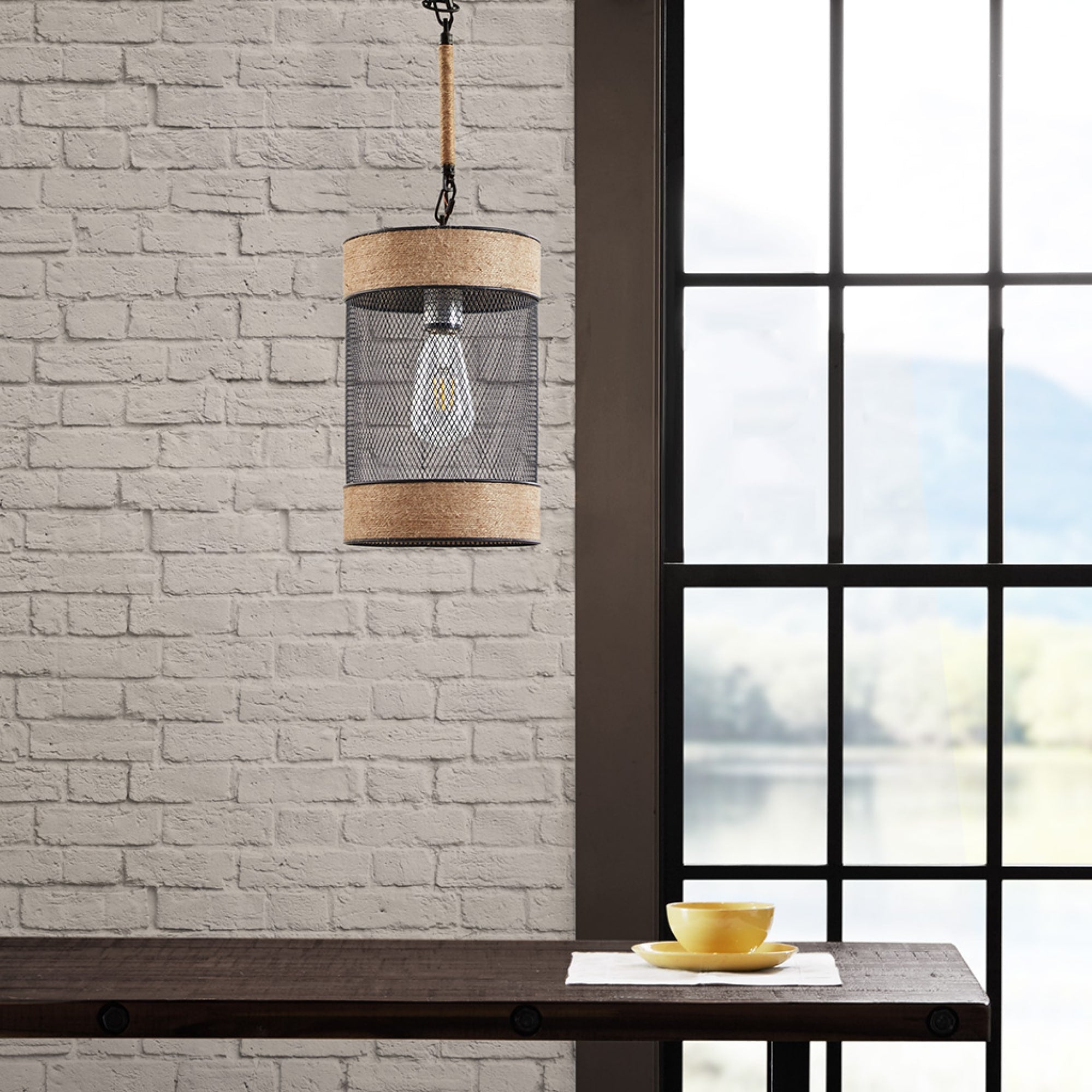 Roomfitters Rope Metal Mesh Cylinder Pendant Industrial Hemp Wrapped Hanging Light Mixed Material Single Bulb Ceiling