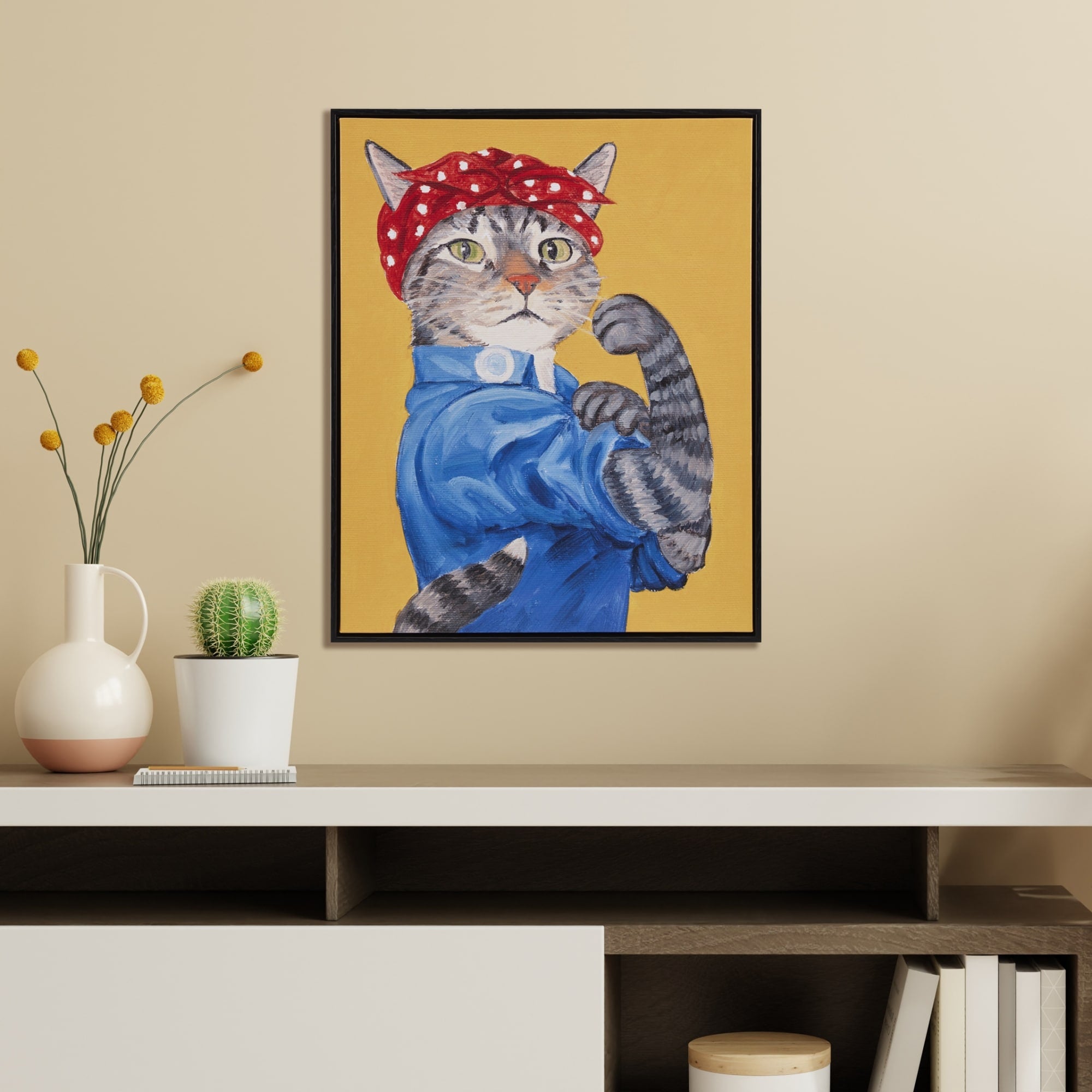 Roomfitters Rosie The Feline Framed Canvas Wall Art 16.5X20.5 Inch Funny Retro Cat Portrait Print For Bedroom Black