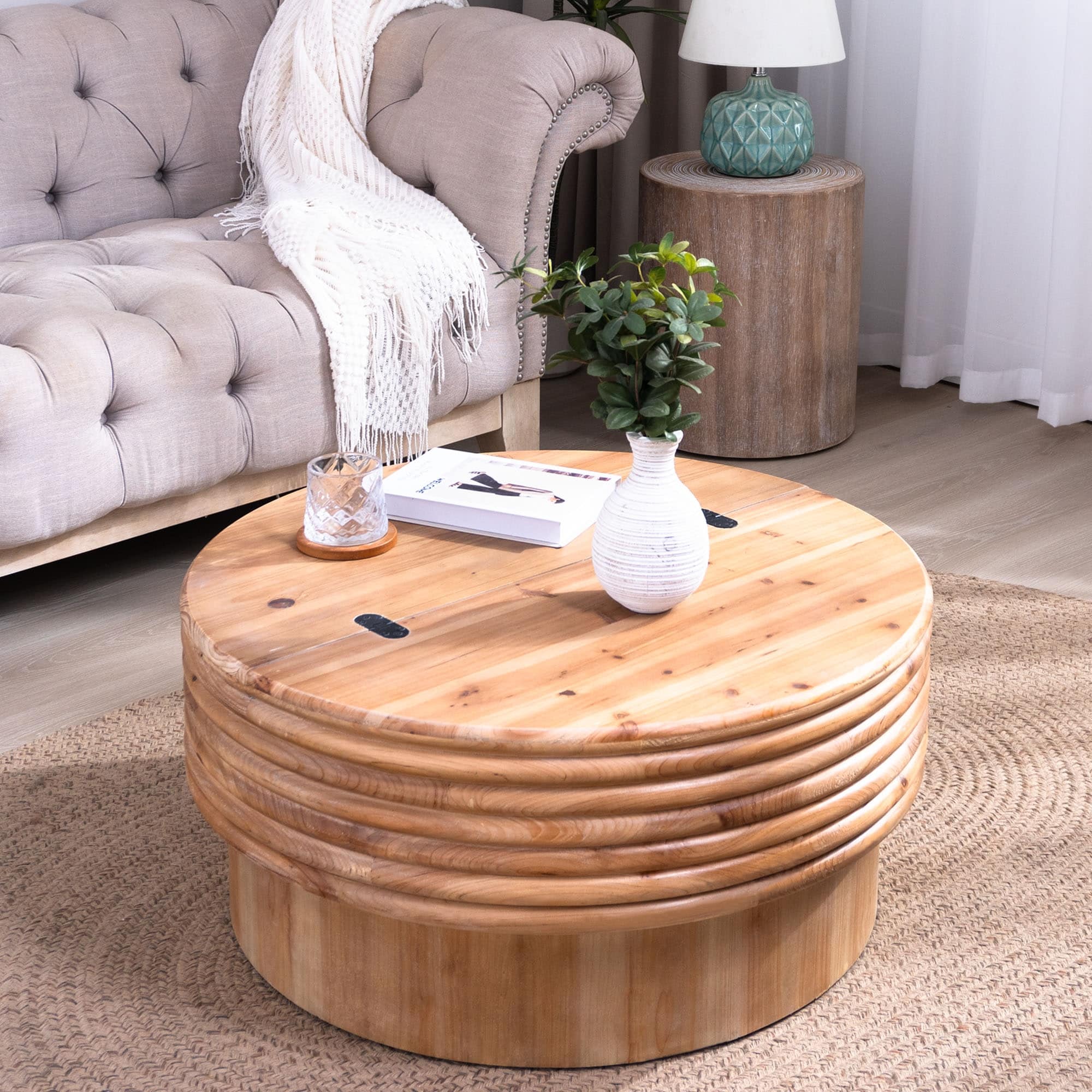 Roomfitters Round Coffee Table With Hidden Storage 30 Lift Top Center Table Engineered Wood Natural Wood Finish