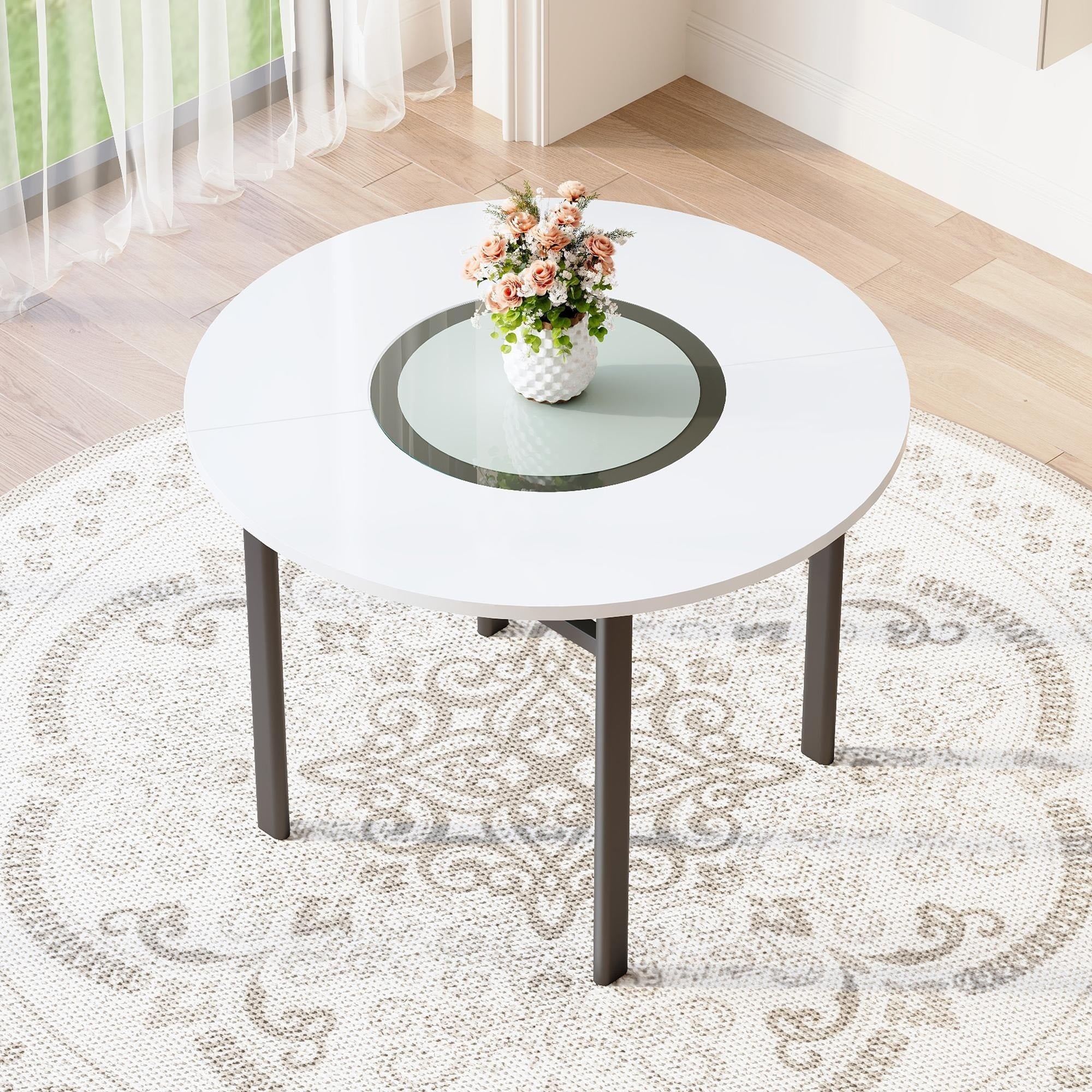 Roomfitters Round Dining Table Glass Inlay Circular Kitchen Table With Storage Shelf Metal Bracket Center Table
