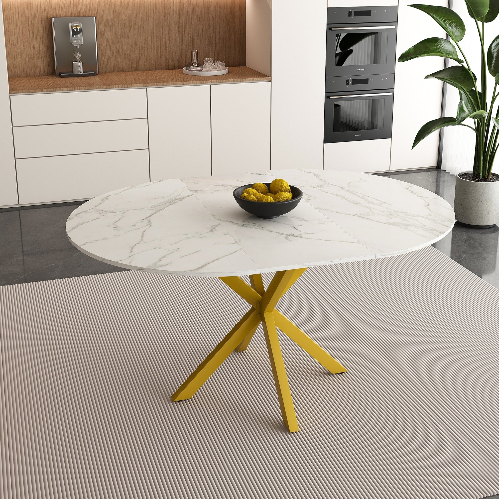 Roomfitters Round Extendable Dining Table Marble Look Top With Carbon Steel X Base Modern 4 6 Person Kitchen Table White