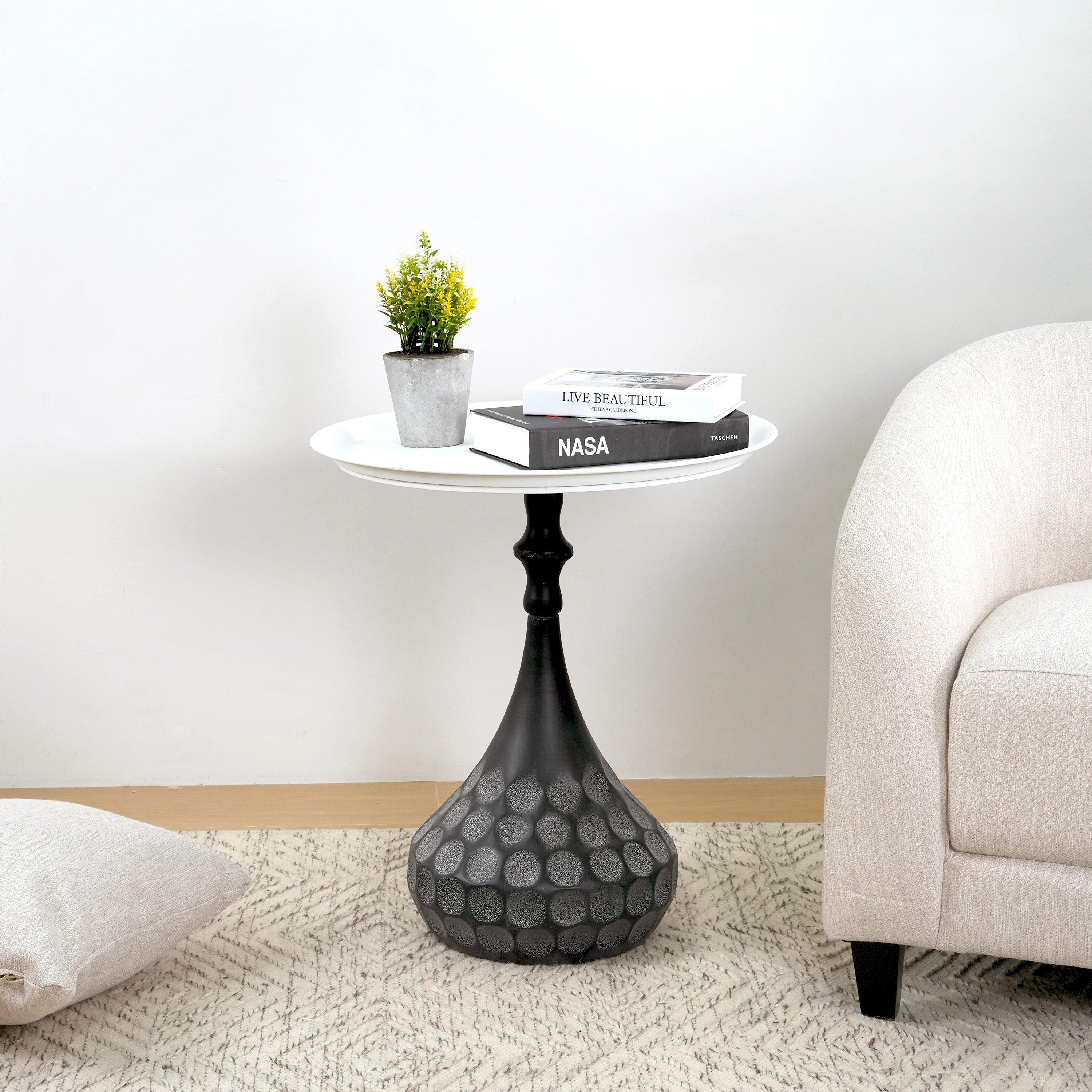 Roomfitters Round Metal Side Table Tray Top Pedestal Accent End Table Small Coffee Table For Living Room White And Black