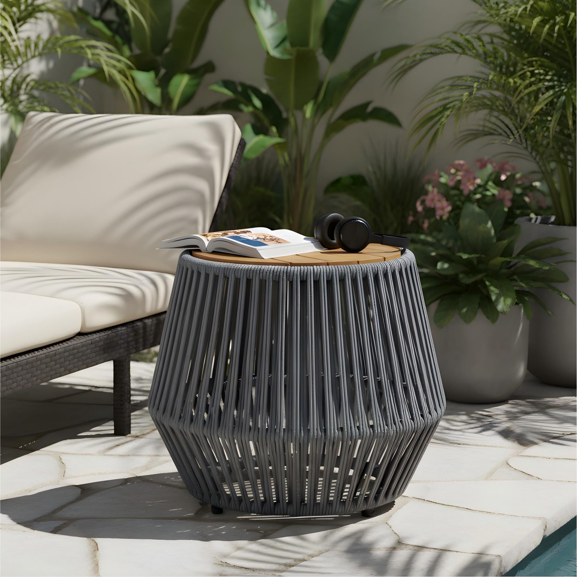 Roomfitters Round Outdoor Side Table Woven Rope Drum Accent Table With Wood Top Modern Patio Garden End Table