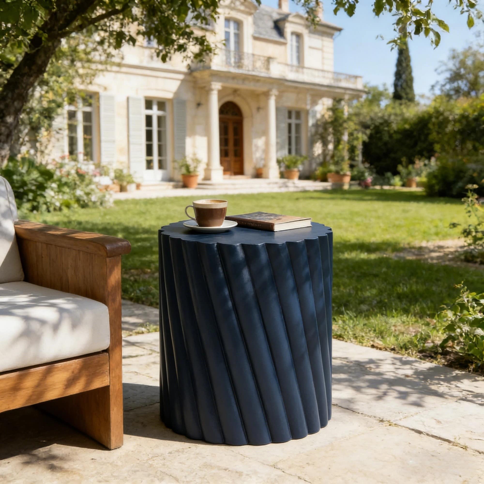 Roomfitters Round Outdoor Side Table With Spiral Textured Drum Silhouette Modern Mgo Accent Table For Garden Patio Navy Blue