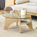 Roomfitters Round Tempered Glass Coffee Table Wood Fan Shaped Pedestal 31 Inch Transparent Center Table Set