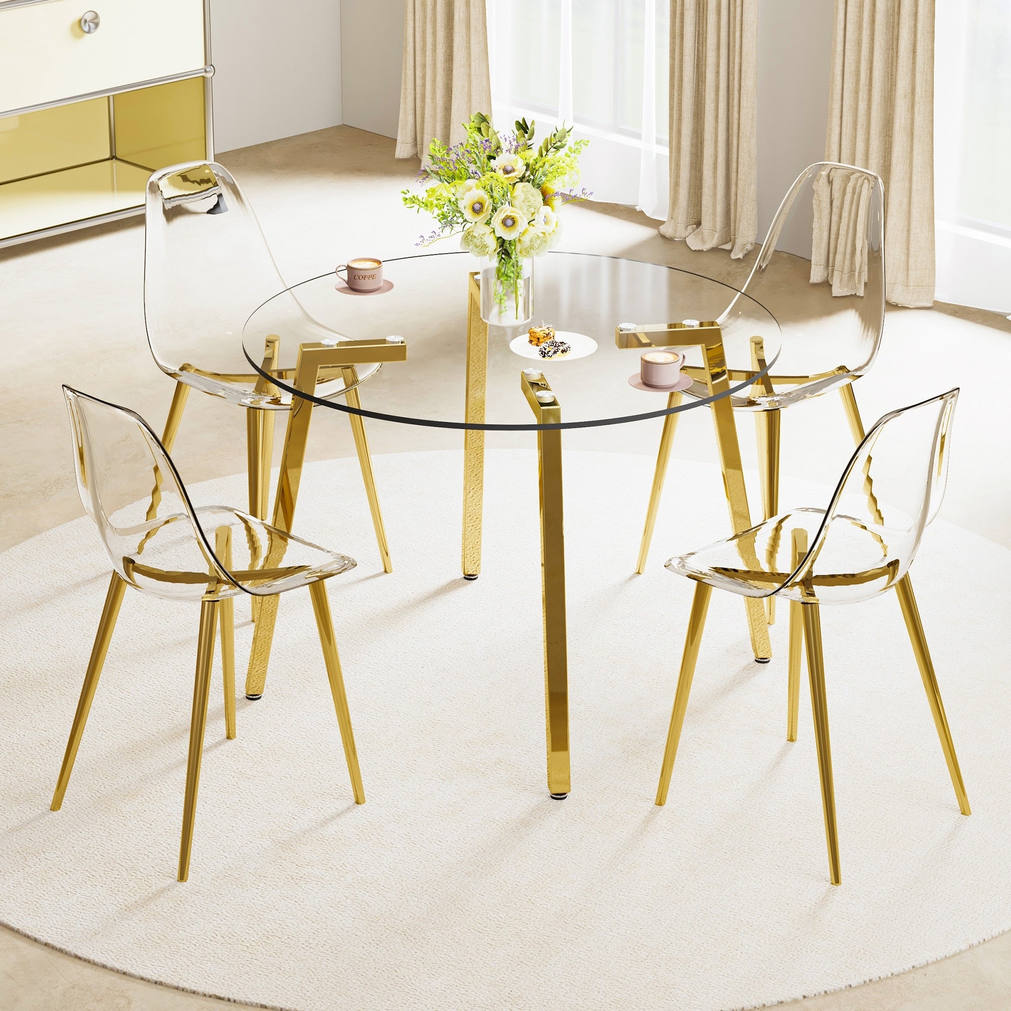Roomfitters Round Tempered Glass Dining Table 4 Clear Plastic Chairs Golden 7 Shaped Metal Leg Minimalist Furniture