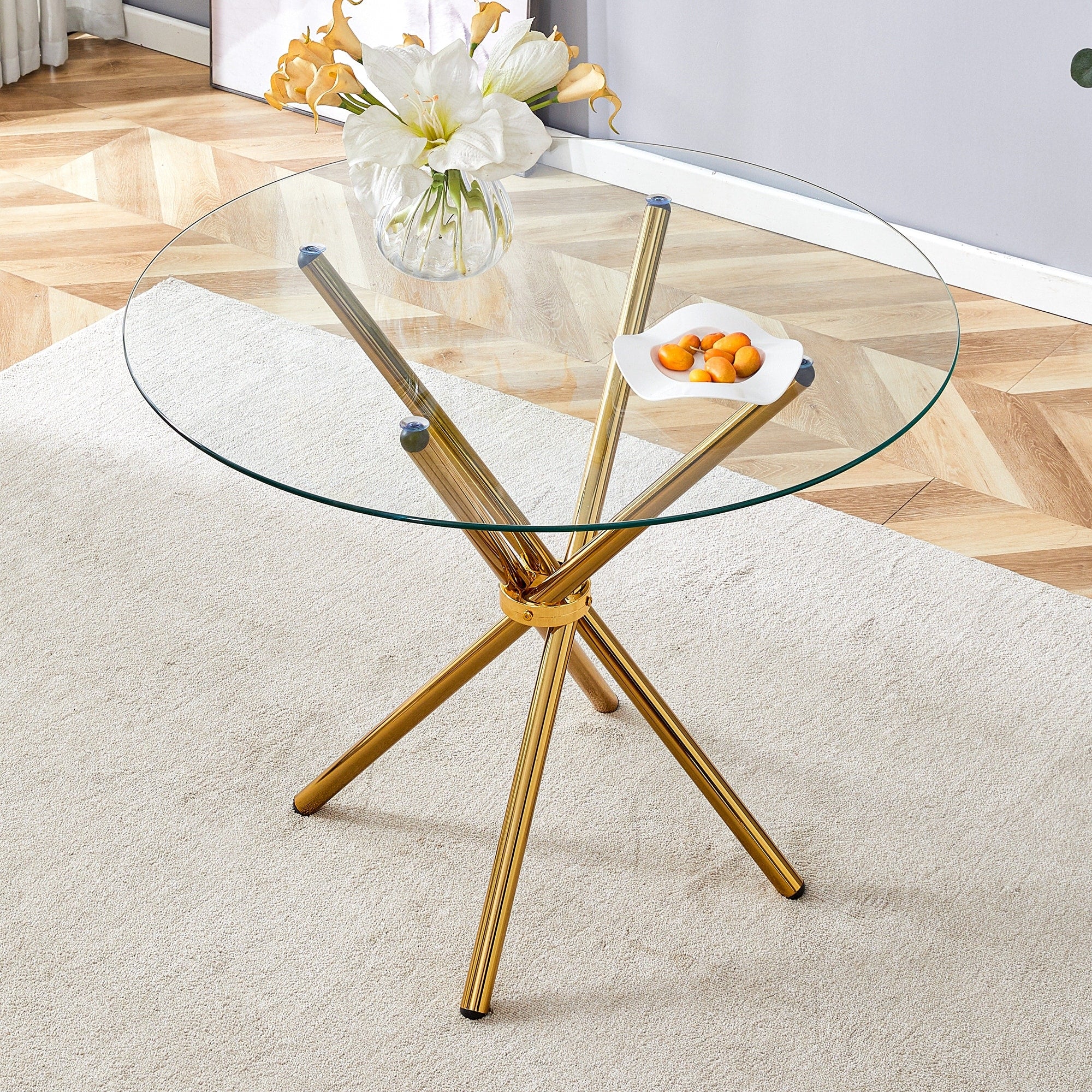 Roomfitters Round Tempered Glass Dining Table Ring Shaped Metal Leg 36.6 Inch Minimalist Glass Center Table