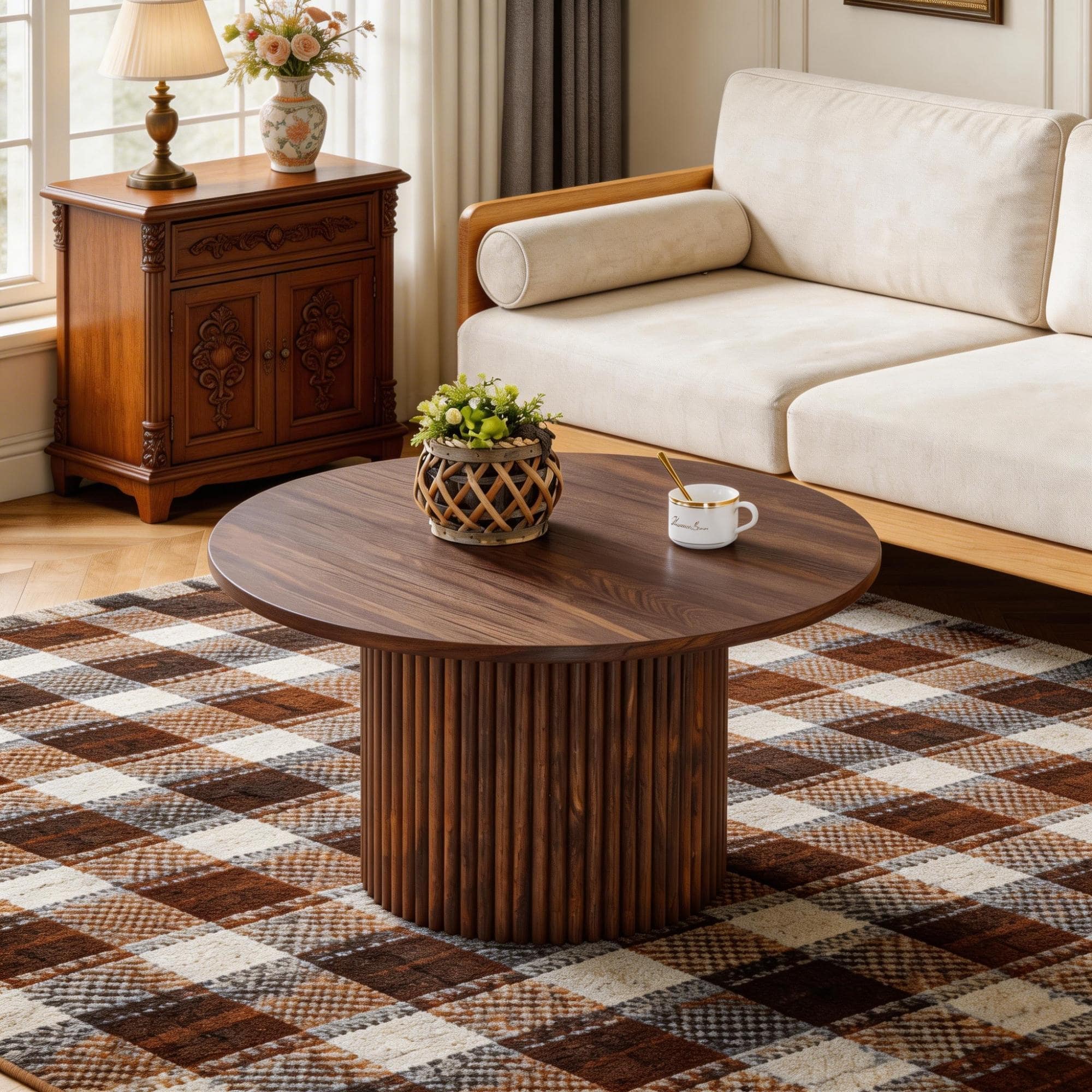 Roomfitters Round Walnut Coffee Table With Fluted Pedestal Base Round Mdf Tea Table Minimalist Center Table With Storage