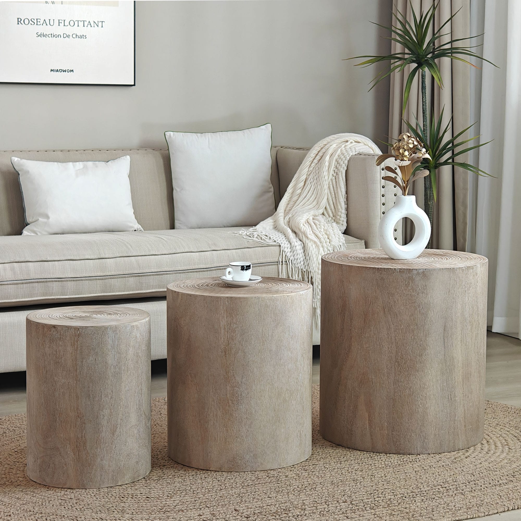 Roomfitters Round Wood Coffee Table Set Of 3 With Natural Finish Nesting Accent Side Tables Tree Stump Design