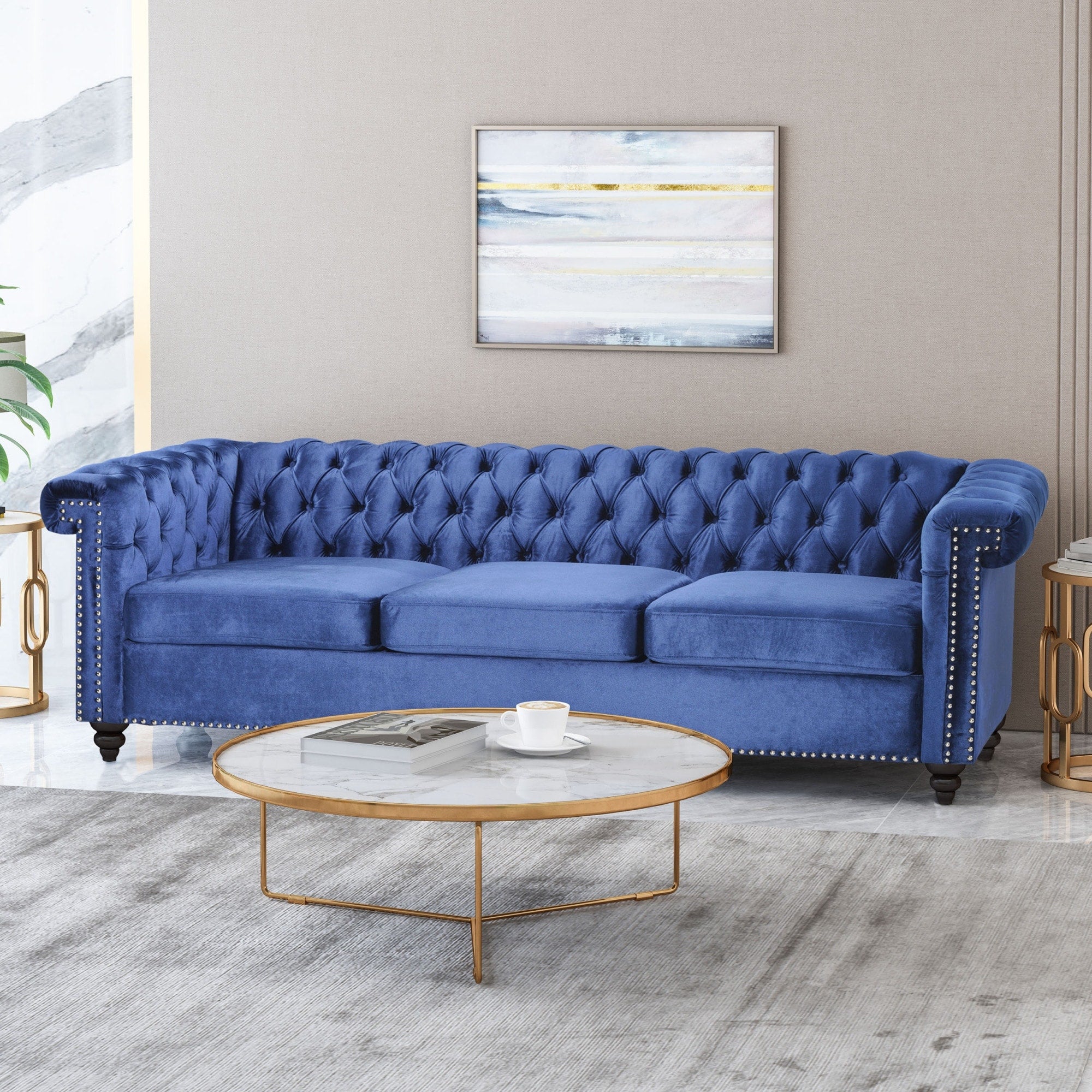 Roomfitters Royal Blue Velvet Chesterfield 3 Seater Sofa Button Tufted Diamond Stitch Glam Nailhead Trim