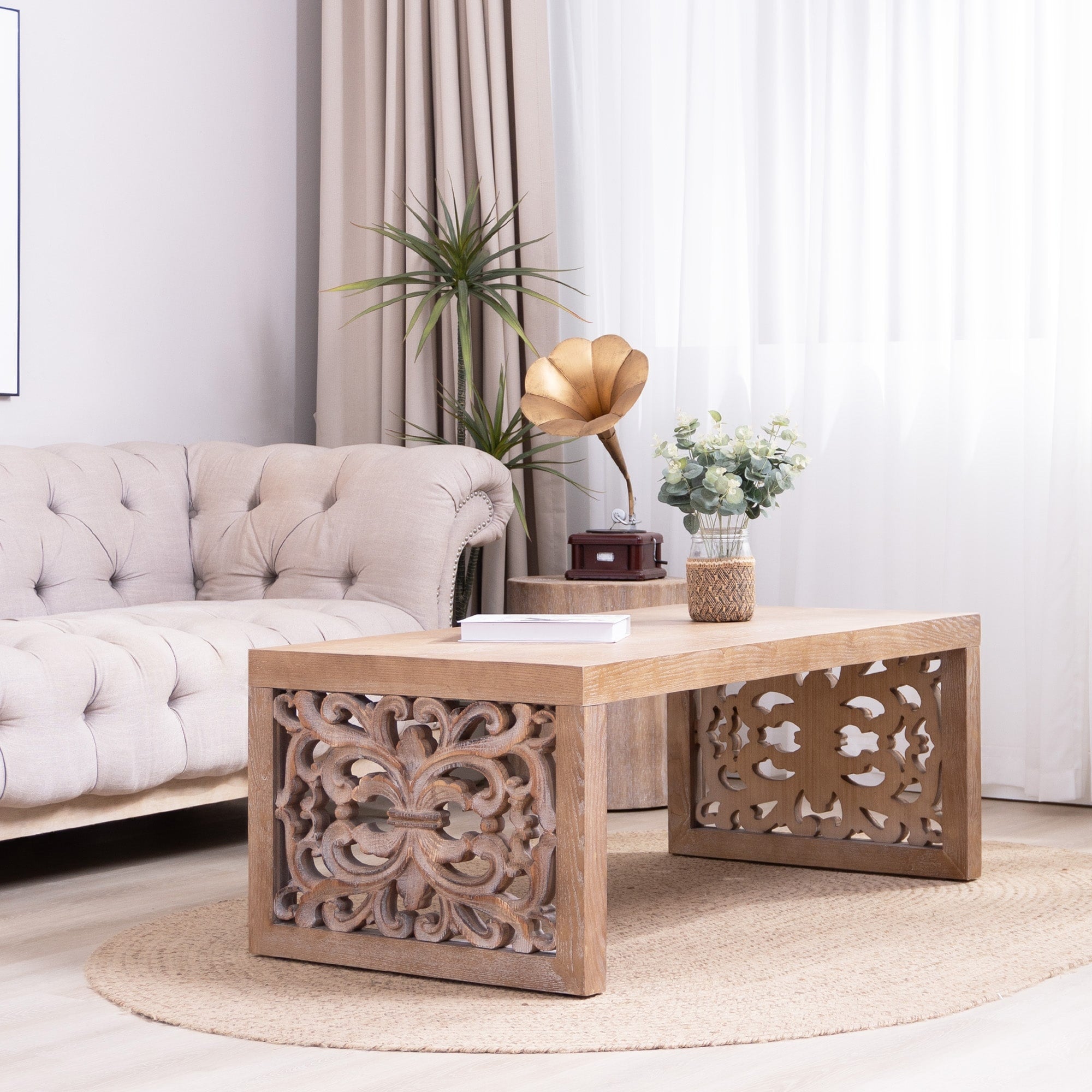 Roomfitters Rustic Carved Wood Coffee Table 47 Inch Handcrafted Look Ornate Side Panels Living Room Furniture Natural