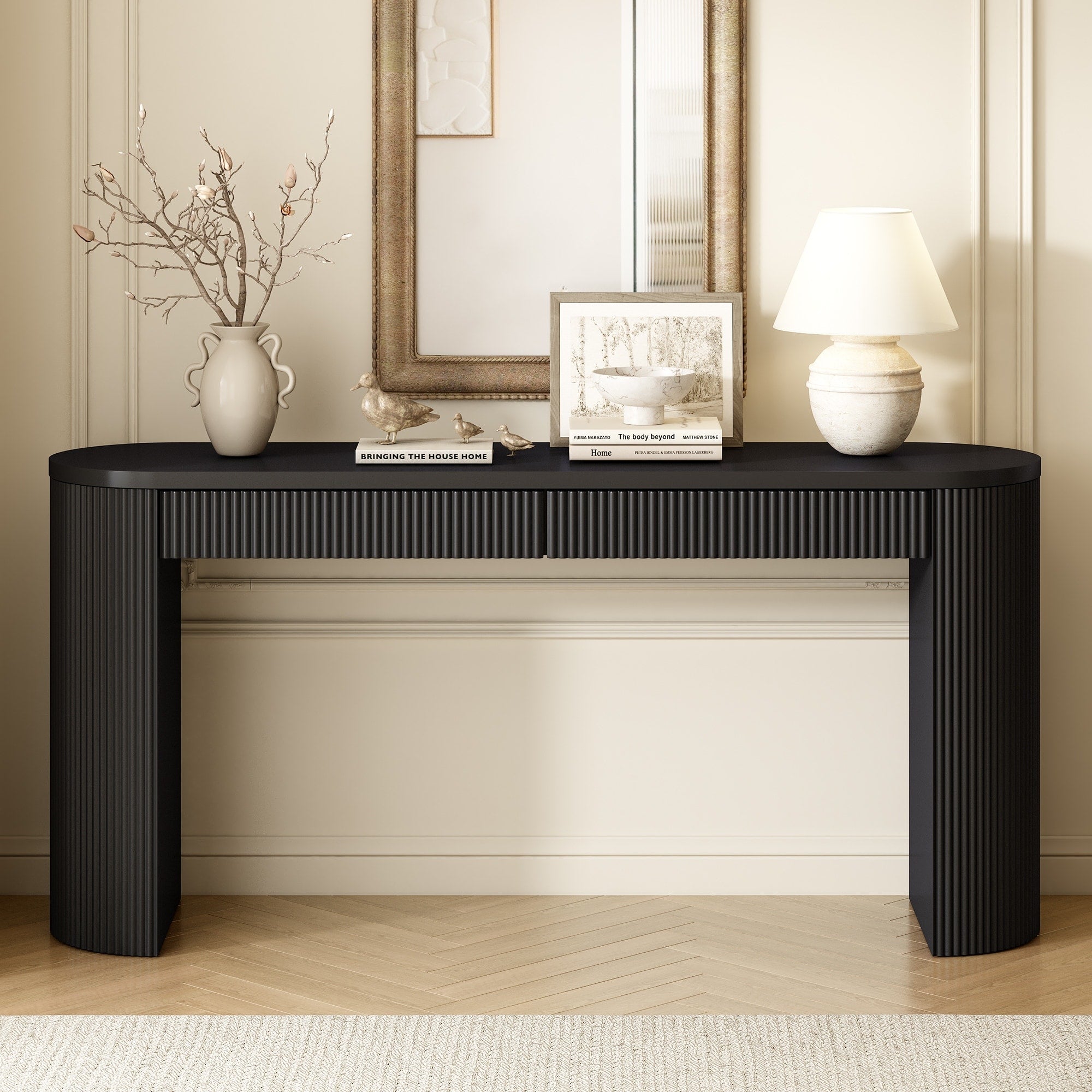 Roomfitters Rustic Farmhouse Black Pine Veneer Console Table Dual Drawer Entryway Furniture Arched Legs
