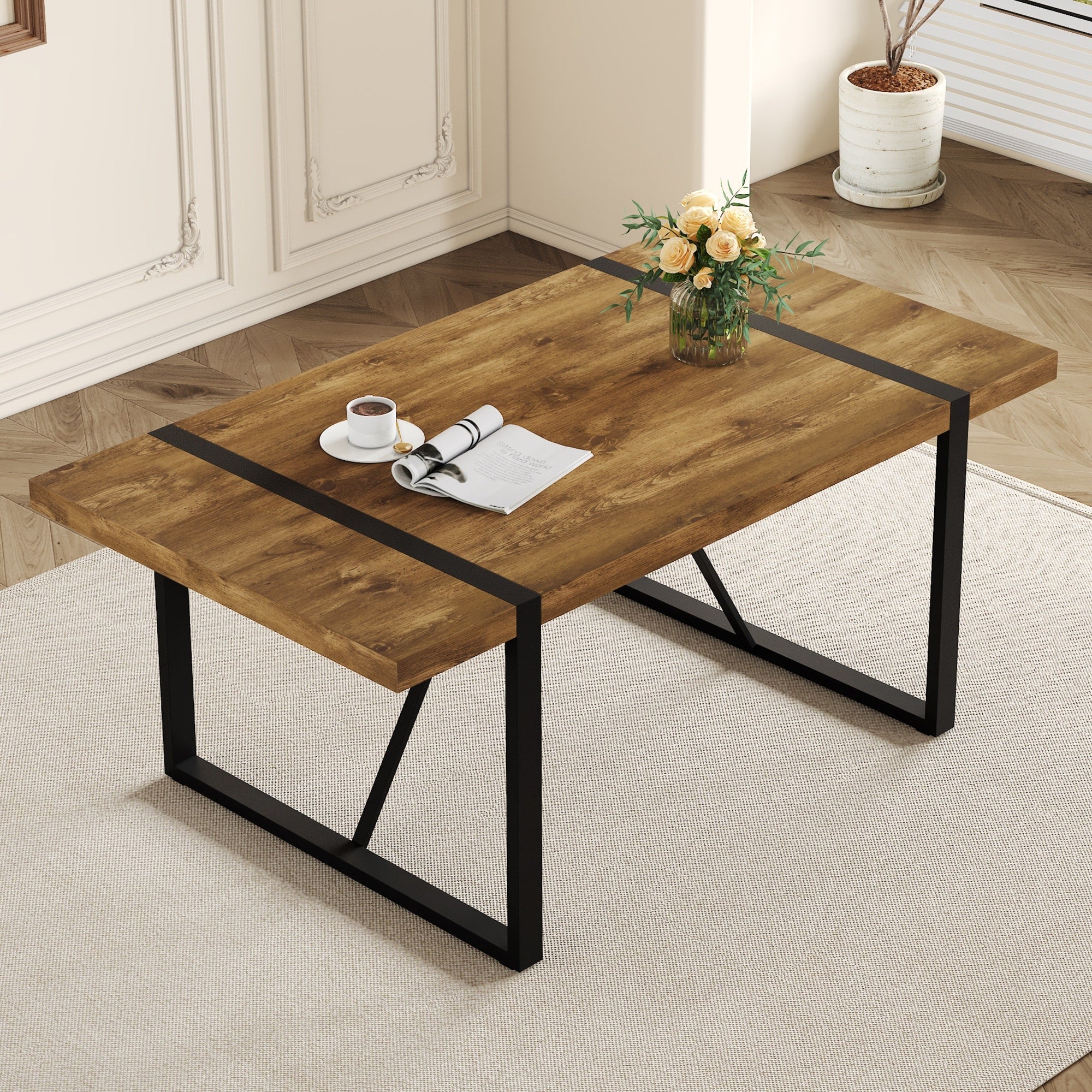 Roomfitters Rustic Industrial Wood Dining Table Luxury Thick Engineered Wood Top Black Metal Leg Rectangular Kitchen Desk