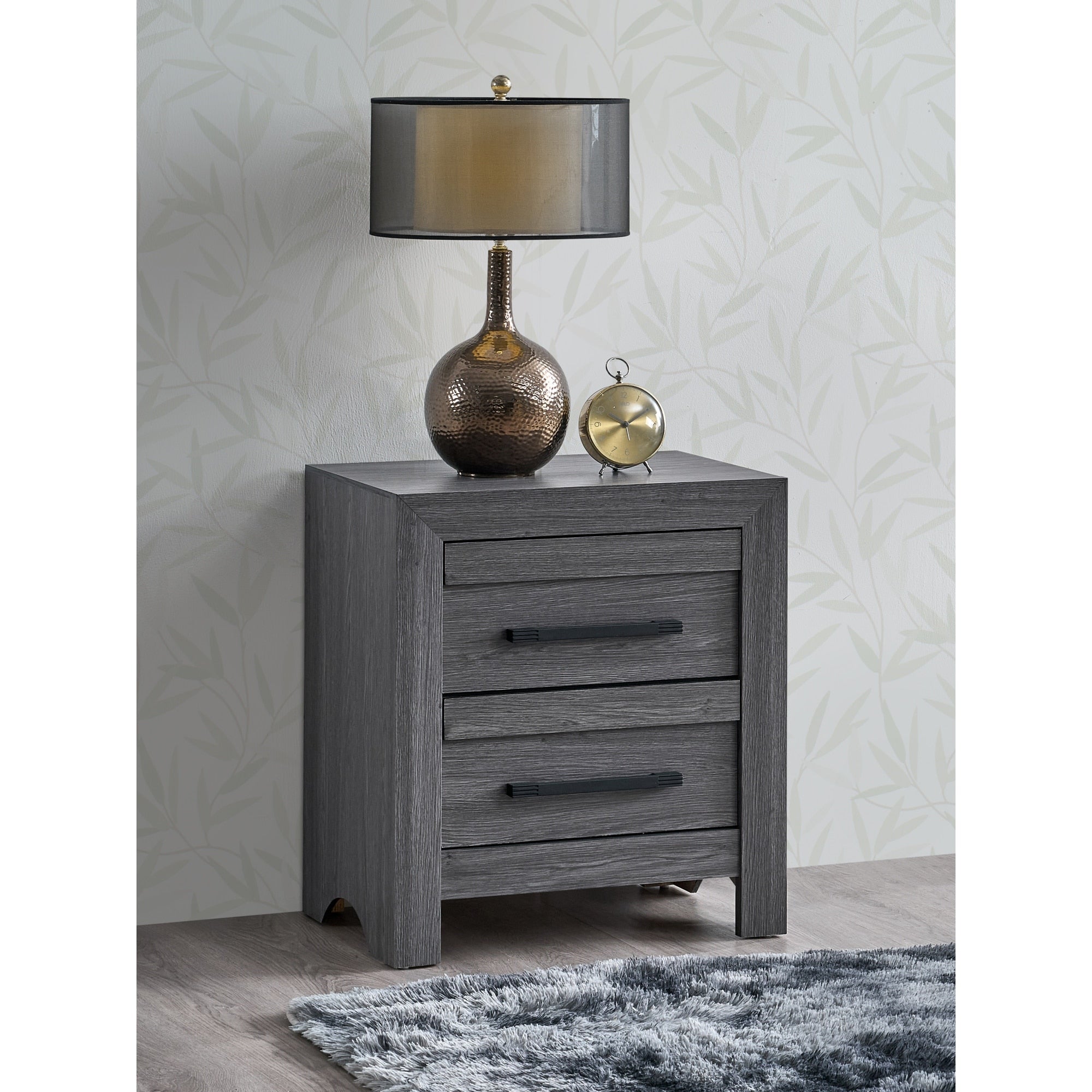 Roomfitters Rustica 2 Drawer Nightstand Gray Modern Dimensional Case Front Fully Assembled Wood Grain End Table