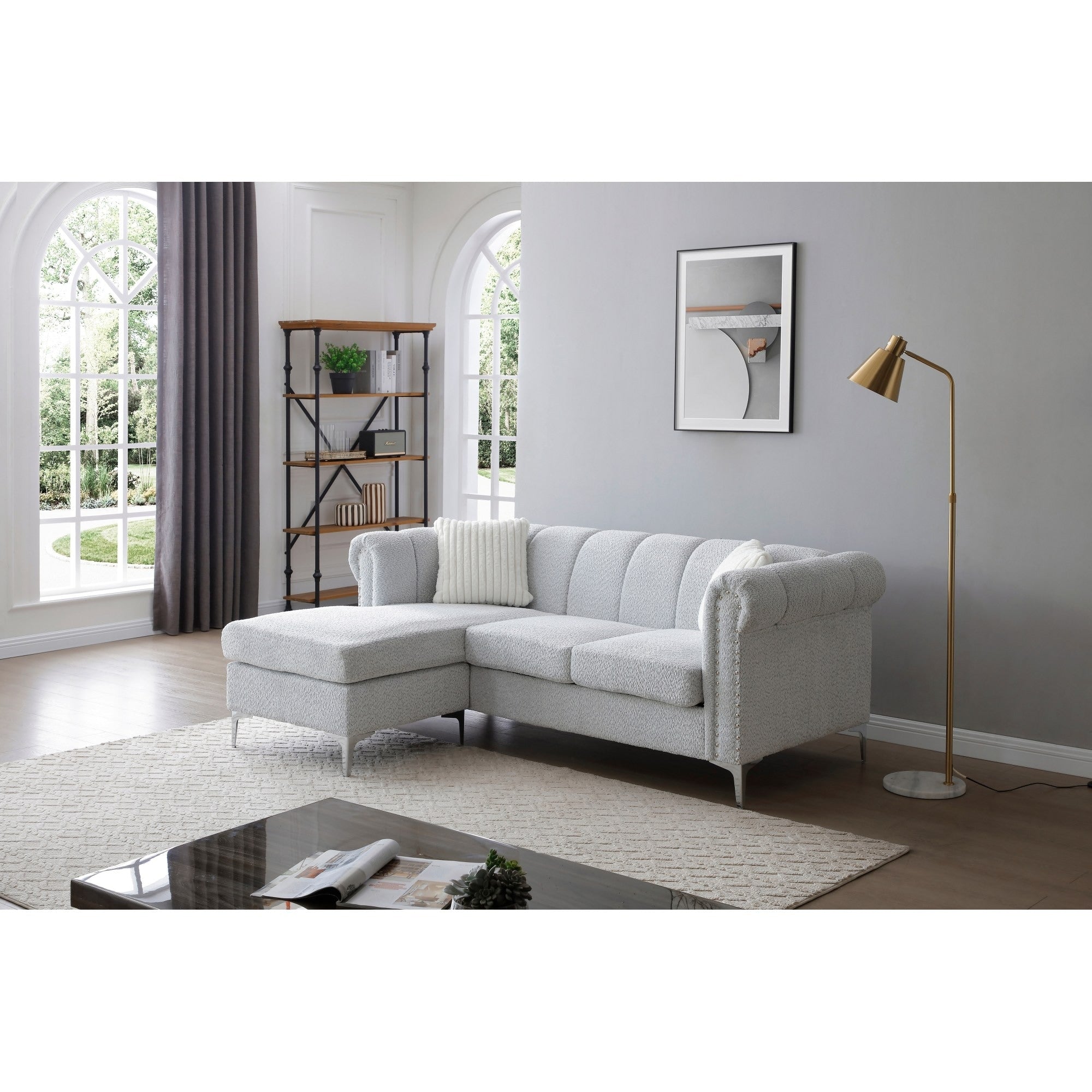 Roomfitters Sammy Grey Teddy Bear Chenille Sofa Chaise Mid Century Rolled Arm Couch Modern Padded Seating Steel Legs