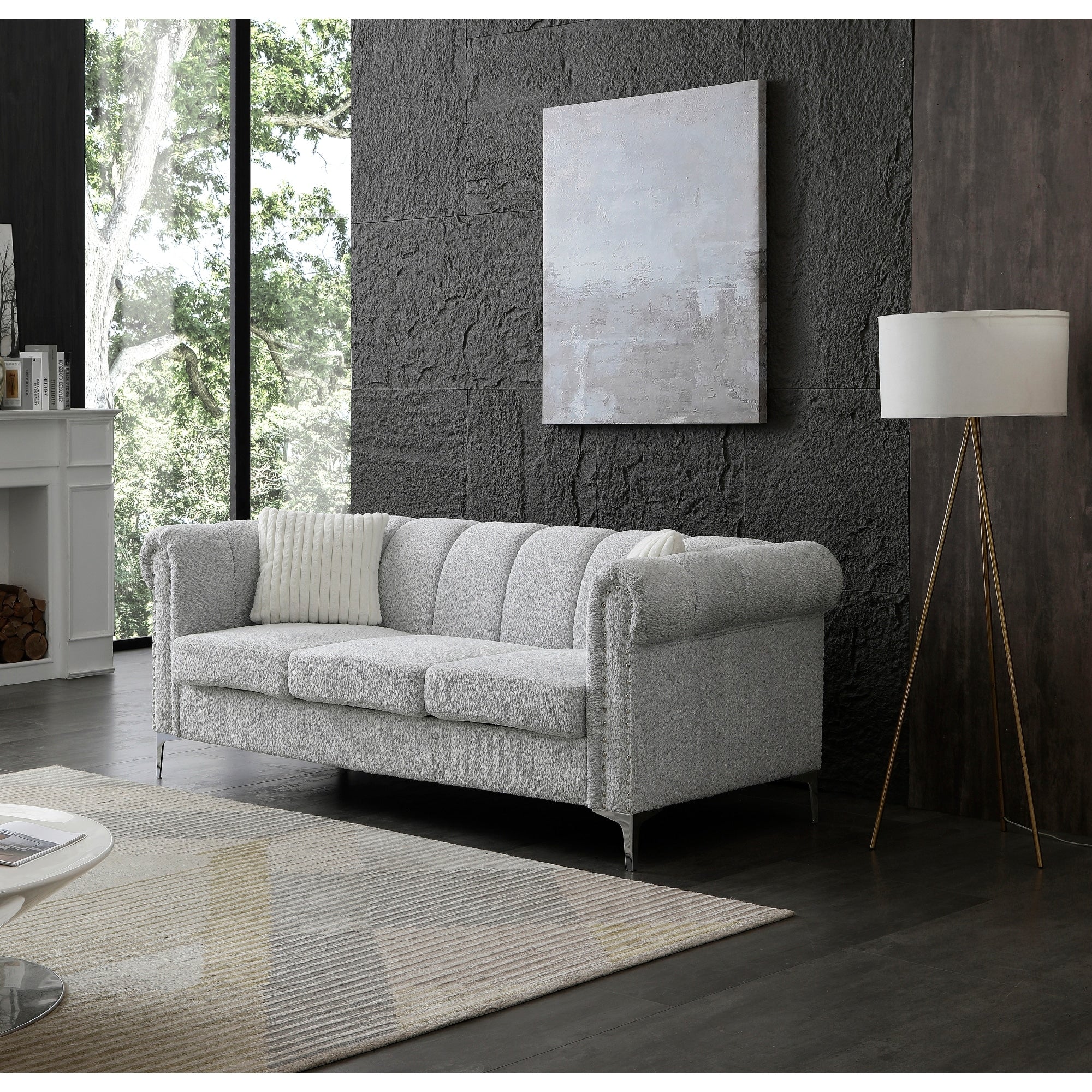 Roomfitters Sammy Grey Teddy Bear Chenille Sofa Rolled Arm 3 Seater Couch Modern Padded Seating Polished Steel Legs