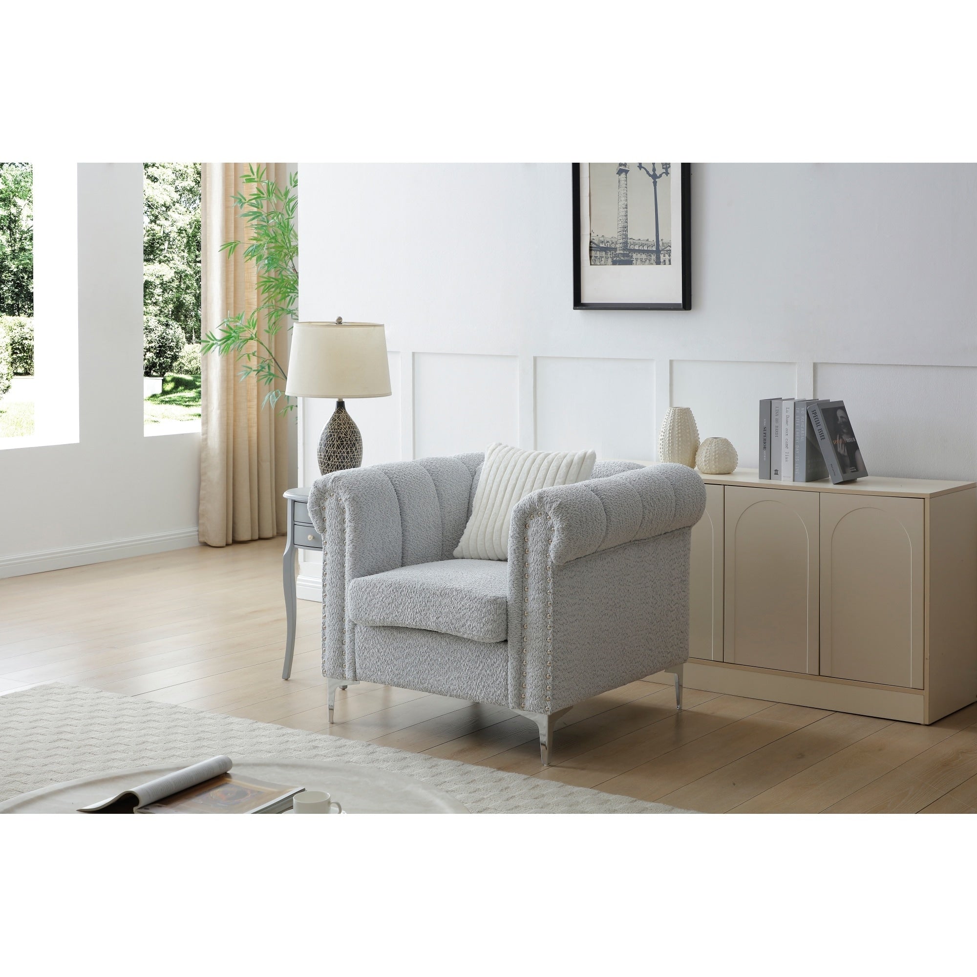 Roomfitters Sammy Silver Teddy Bear Chenille Armchair Rolled Arm Accent Chrome Nailheads Modern Padded Club Chair