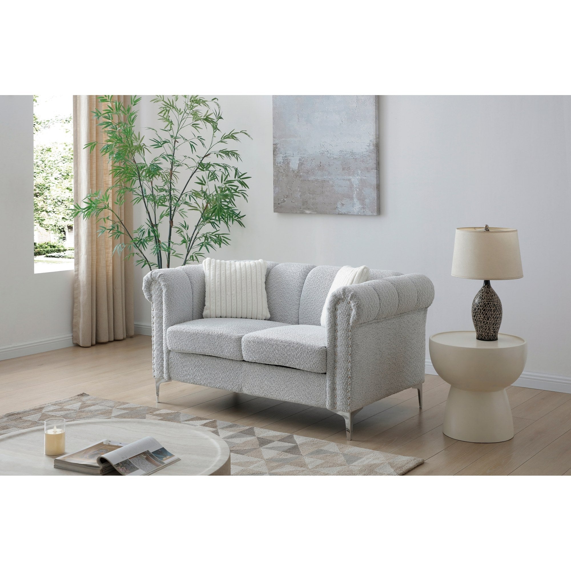 Roomfitters Sammy Silver Teddy Bear Chenille Loveseat Rolled Arm 2 Seater Chrome Nailheads Modern Steel Leg Couch