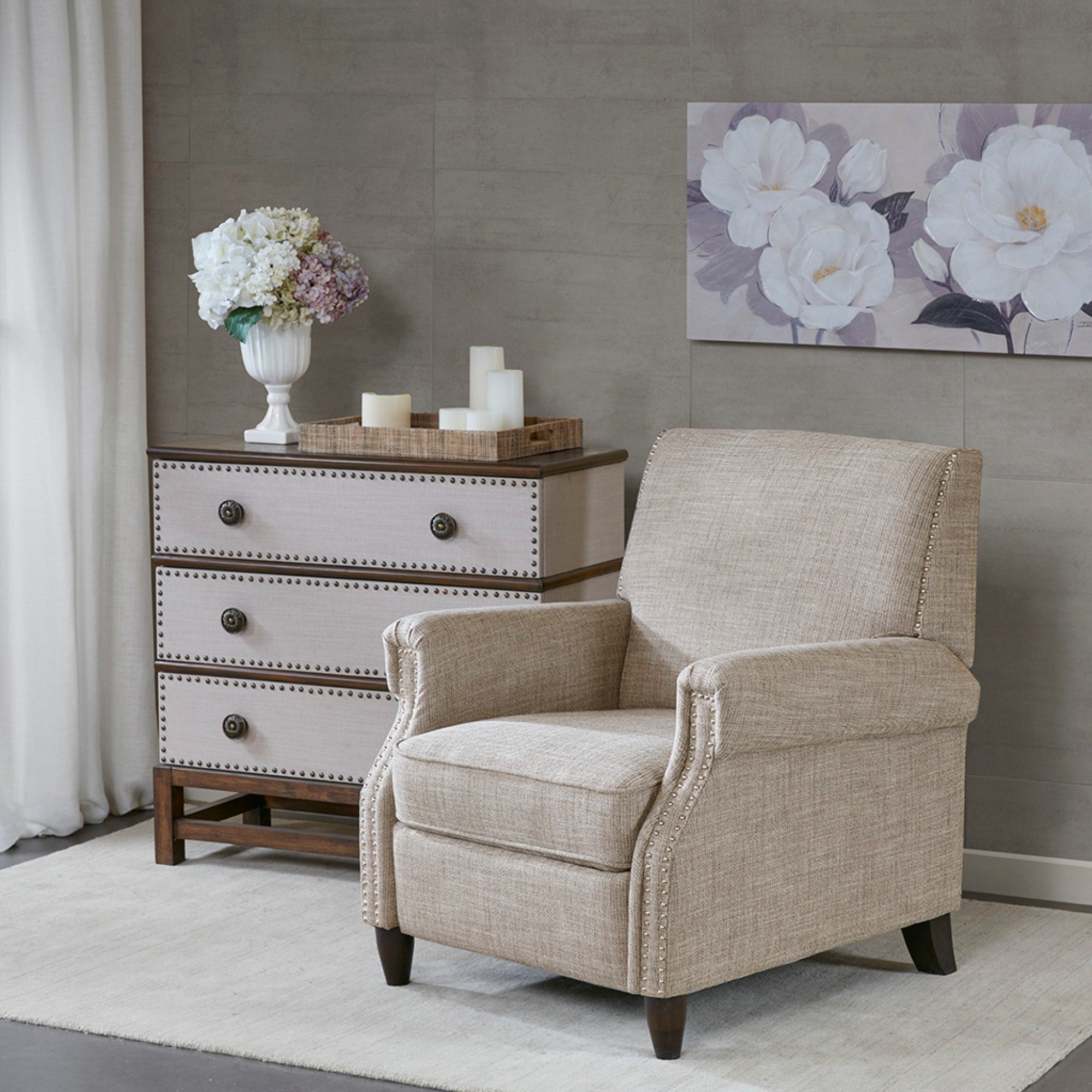 Roomfitters Sand Fabric Upholstered Manual Push Back Recliner Armchair With Silver Nailhead Trim And Wood Legs