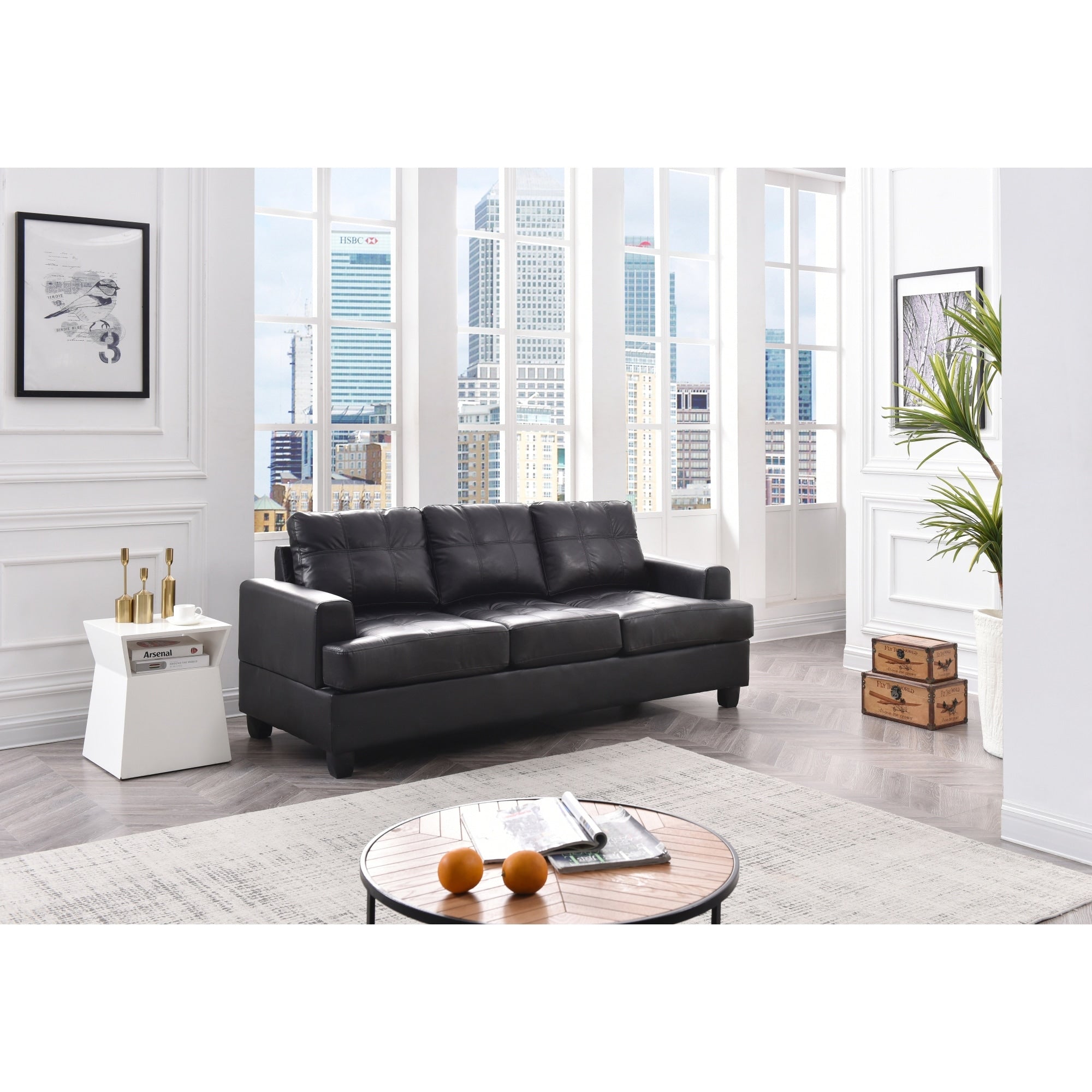 Roomfitters Sandridge Black Pu Leather Transitional Sofa Tufted 3 Seater Couch Modern Padded Seating