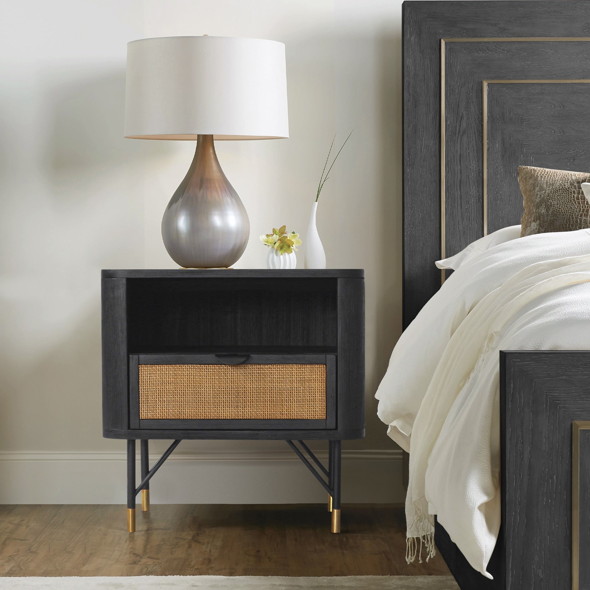 Roomfitters Saratoga Modern Black Acacia Wood Nightstand With Storage Unit Cane Rattan Accent Open Shelf Black Metal Legs