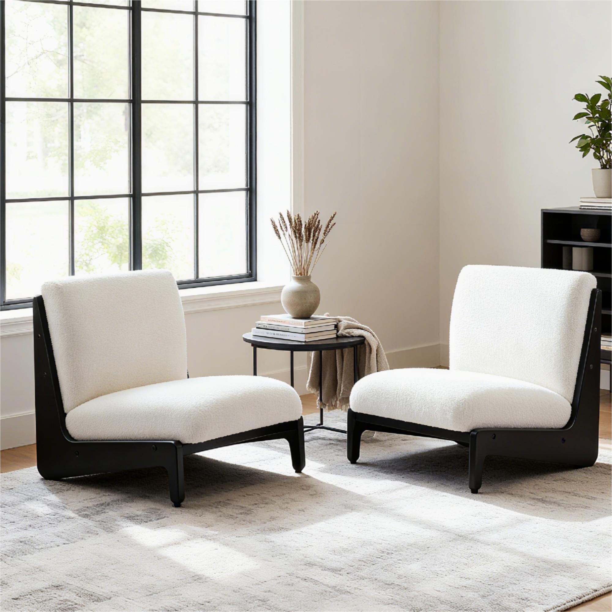 Roomfitters Scott Living Moda Accent Chairs Set Of 2 White Boucle Padded Seating Black Solid Wood Frame Modern Lounge