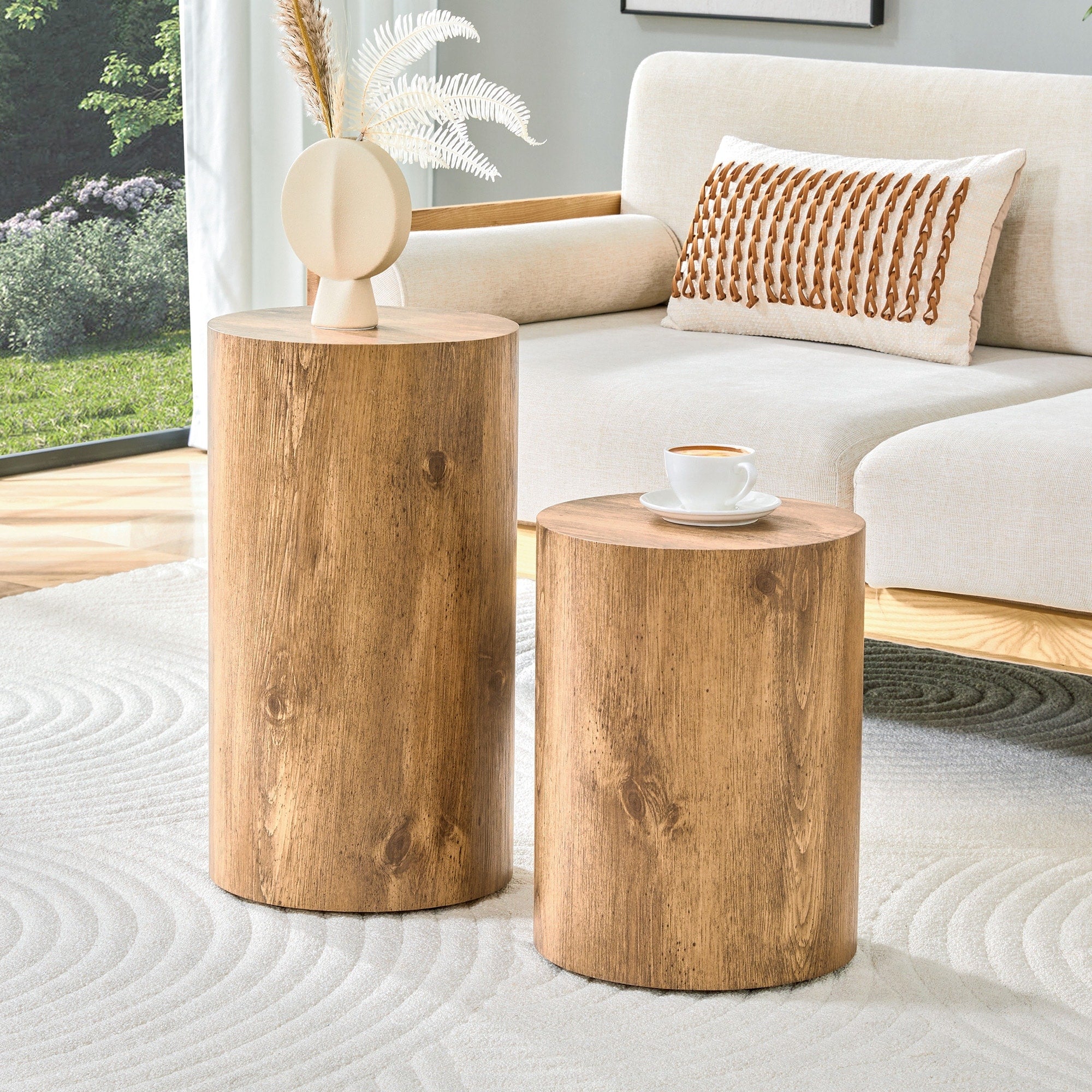 Roomfitters Set Of 2 Cylindrical Coffee Tables Nesting Side Tables Multi Size Round End Tables For Living Room Natural