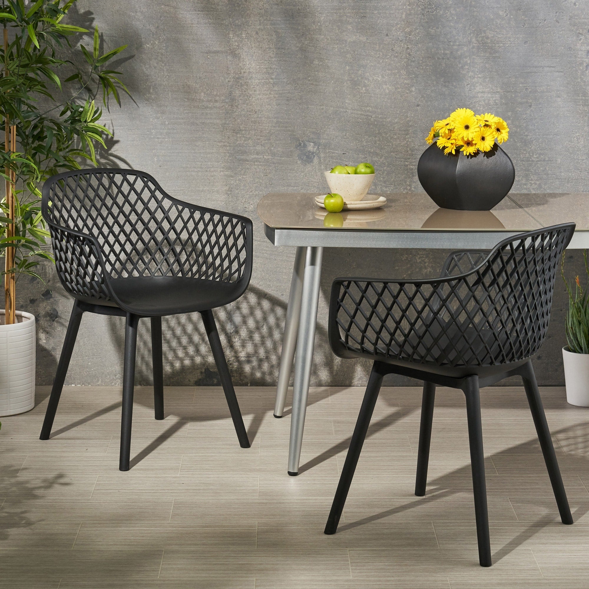Roomfitters Set Of 2 Modern Plastic Dining Chairs With Lattice Cutout Design And Tapered Legs For Indoor Outdoor Black