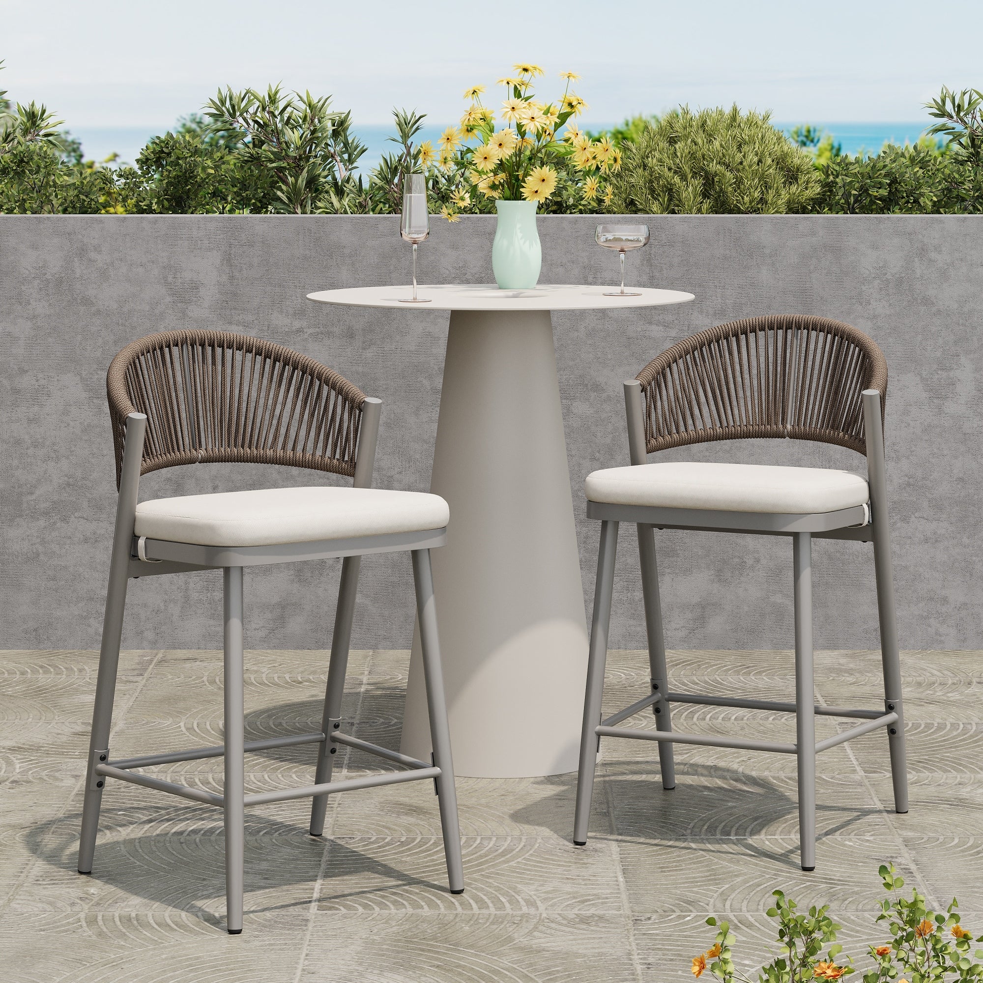 Roomfitters Set Of 2 Outdoor 26 Inch Barstools Rope Woven Patio Counter Height Chairs With Cushions For Deck