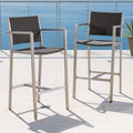 Roomfitters Set Of 2 Outdoor 29.50 Inch Barstools Modern Aluminum Wicker Patio Bar Chairs With Arms For Deck Silver And Grey