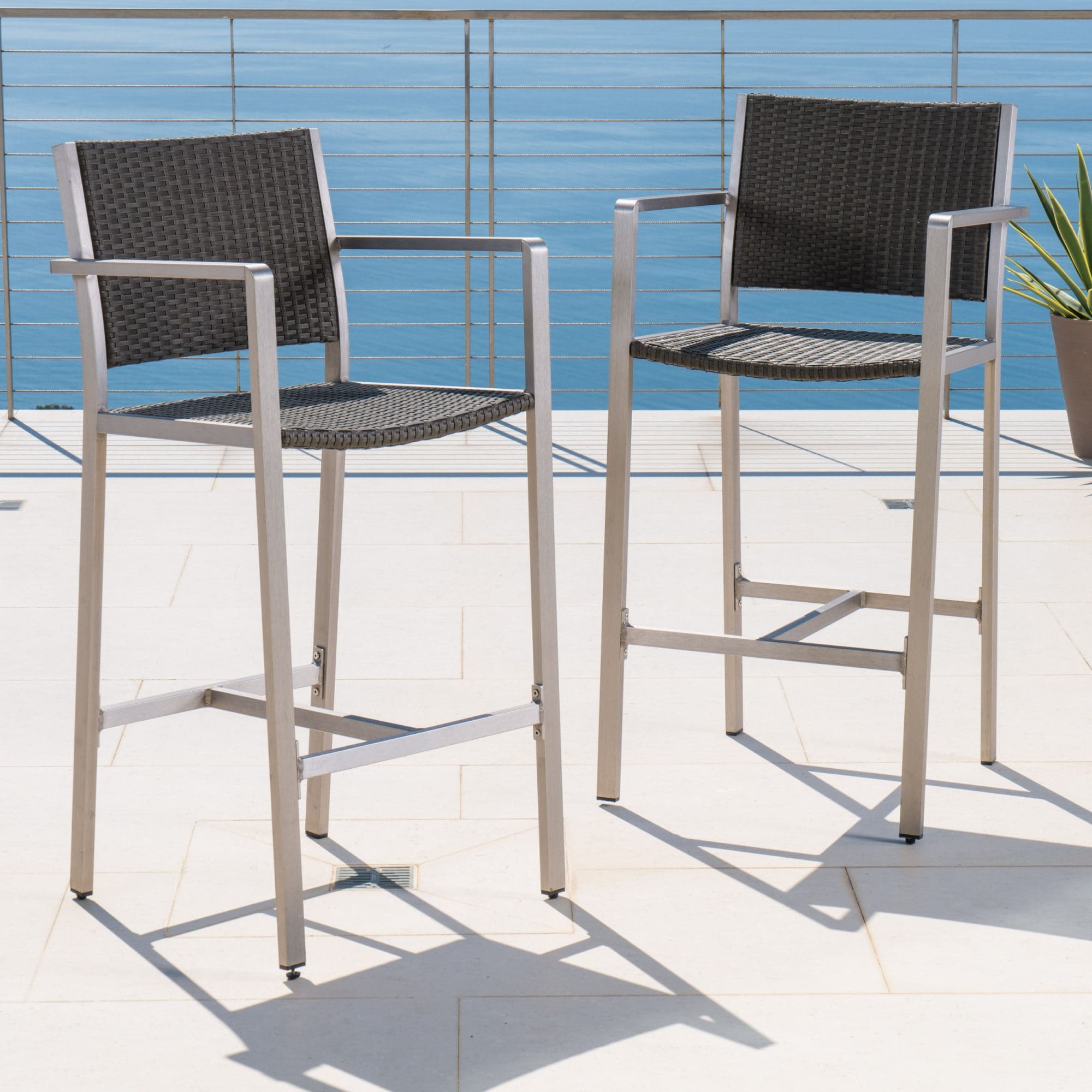 Roomfitters Set Of 2 Outdoor 29.50 Inch Barstools Modern Aluminum Wicker Patio Bar Chairs With Arms For Deck Silver And Grey