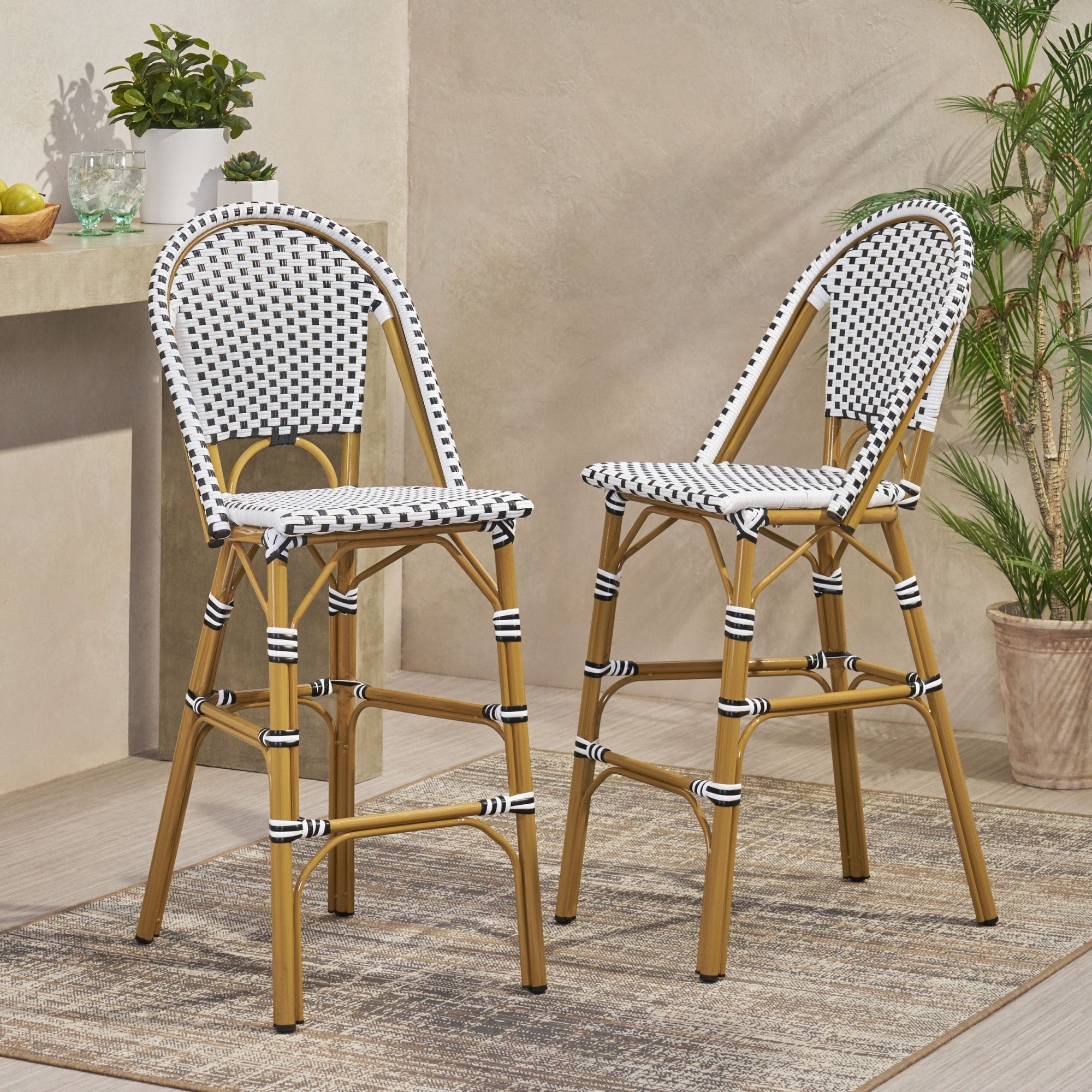 Roomfitters Set Of 2 Outdoor 29.5 Pe Rattan Barstools French Bistro Patio High Top Counter Chairs For Deck White And Black