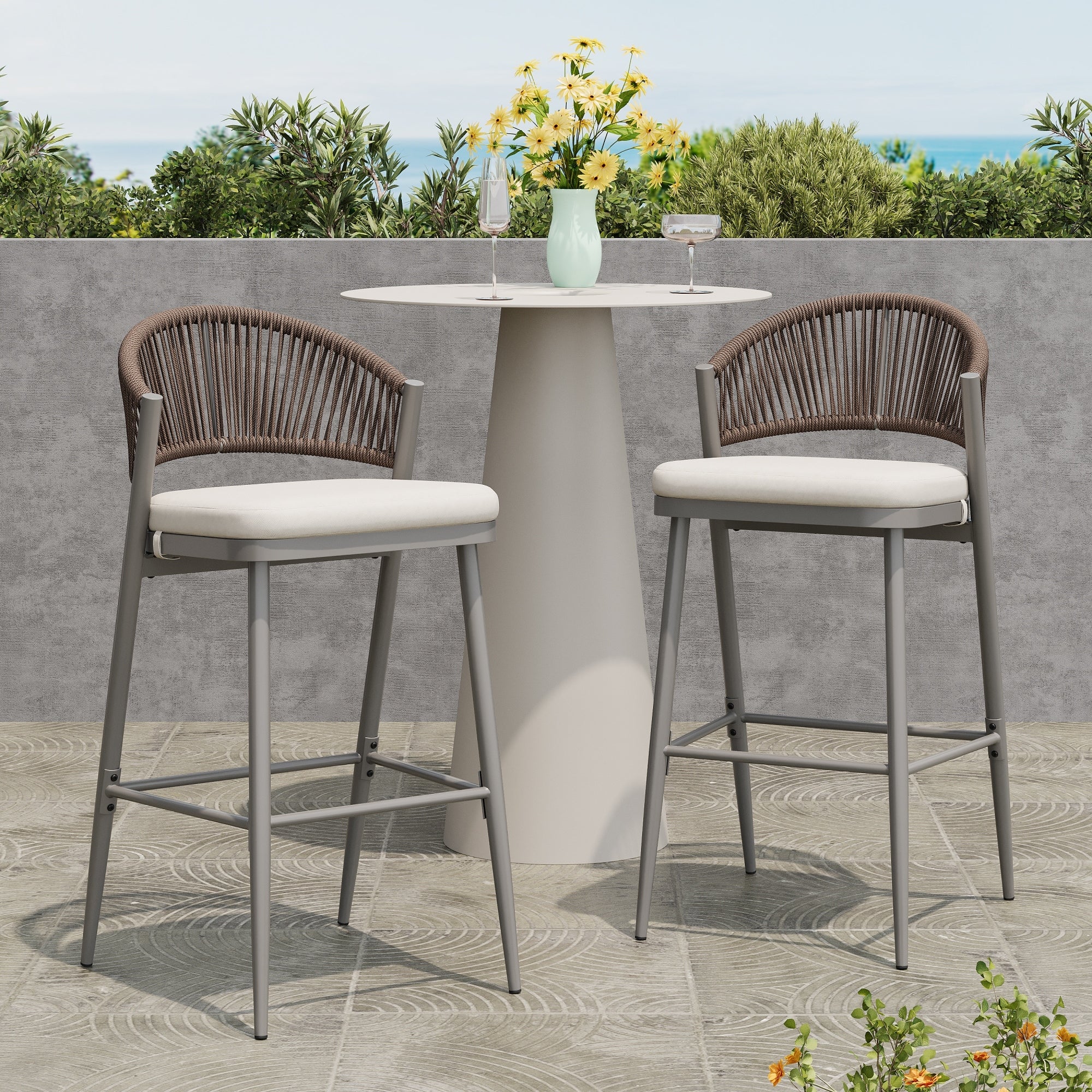 Roomfitters Set Of 2 Outdoor 30.25 Inch Barstools Rope Woven Patio High Top Chairs With Cushions For Deck Garden