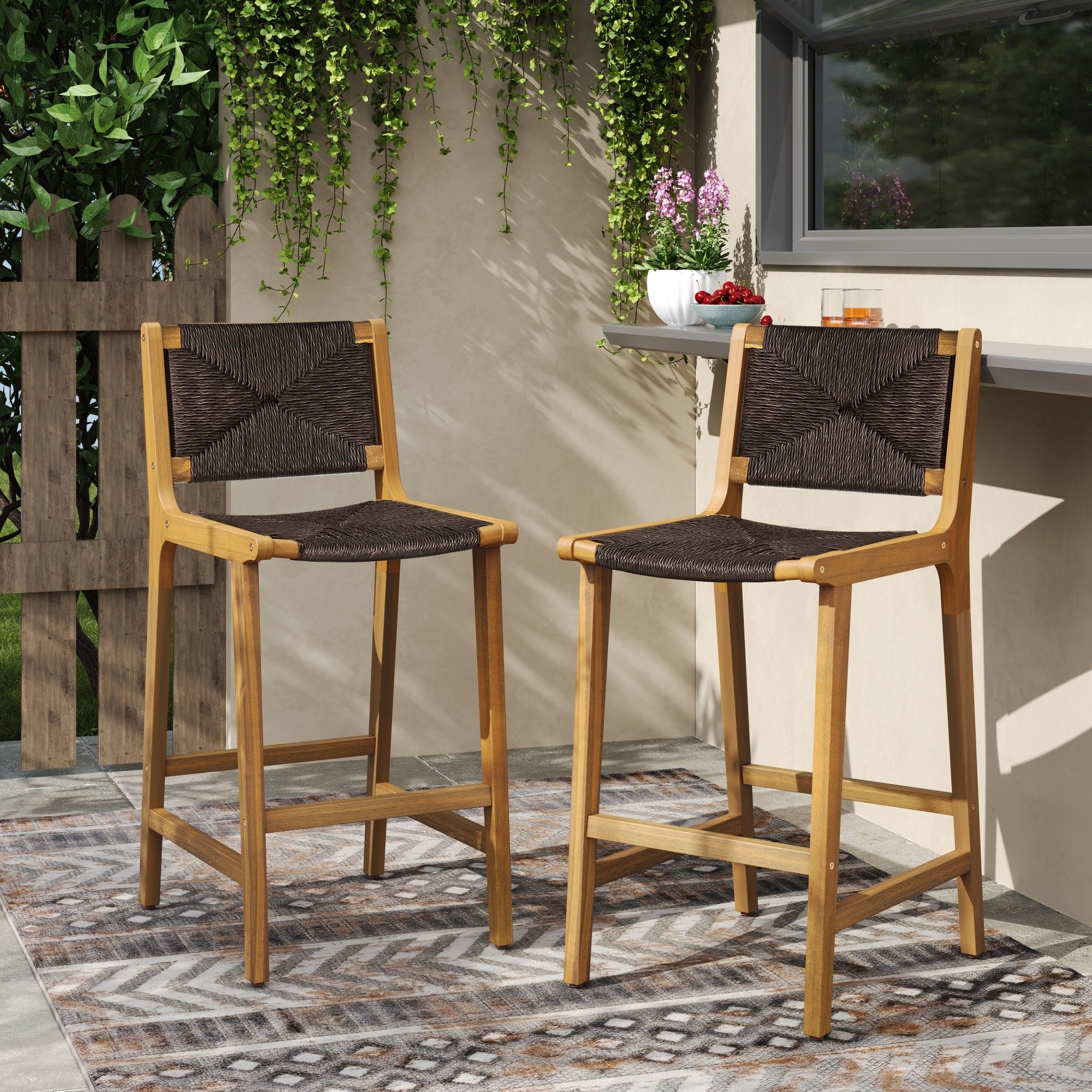 Roomfitters Set Of 2 Outdoor Armless Wood Barstools Rope Woven Patio High Top Chairs For Deck Garden Counter Teak Set Of 2