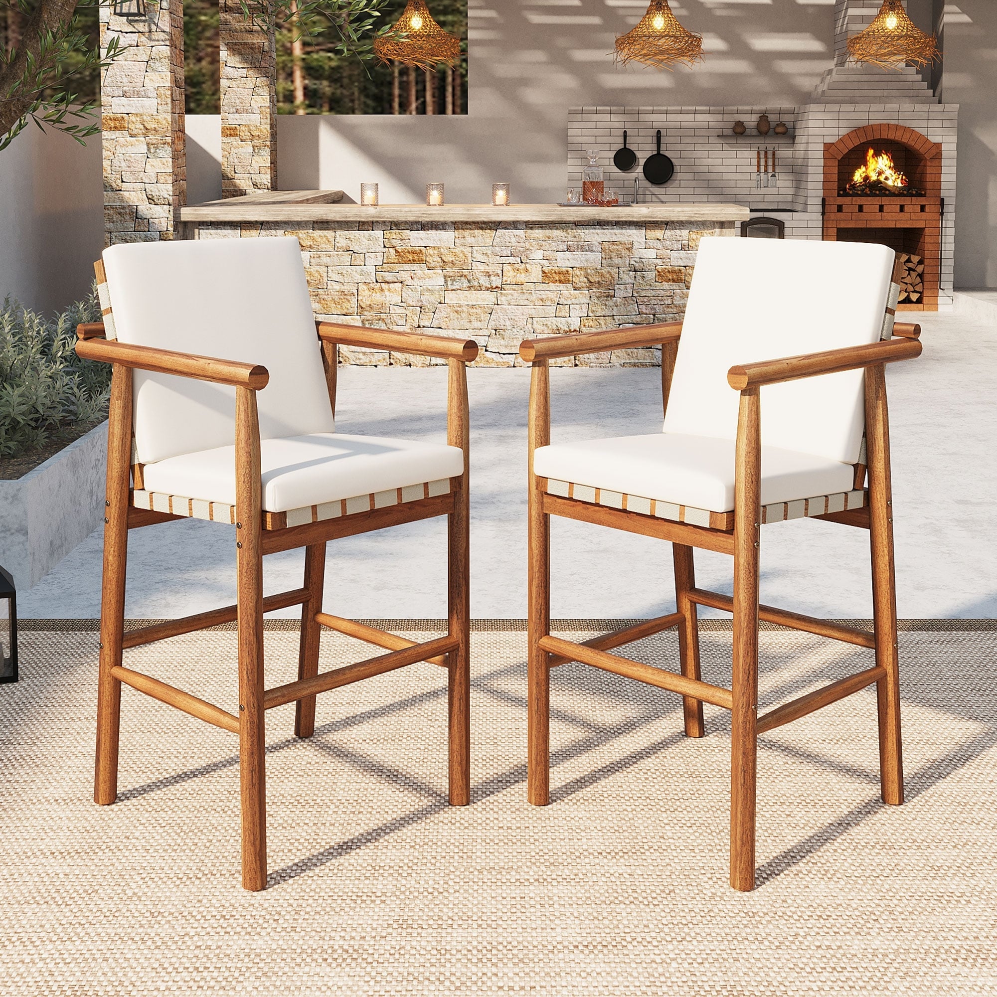 Roomfitters Set Of 2 Outdoor Bar Stools With Beige Cushions Natural Wood High Chairs For Patio Balcony Kitchen Natural