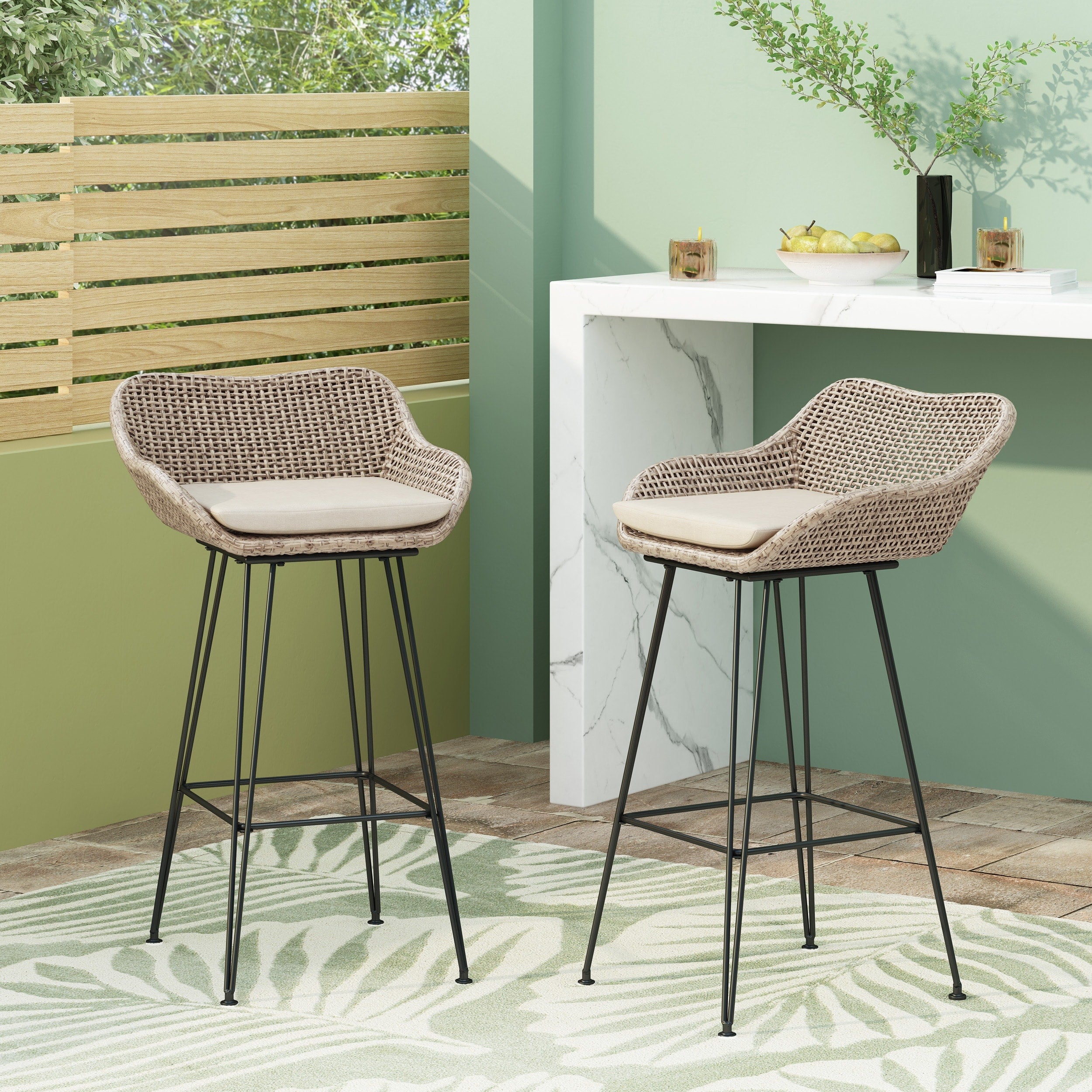 Roomfitters Set Of 2 Outdoor Pe Rattan Wicker Bar Stools Modern Patio Counter Chairs With Cushions For Balcony Deck Brown