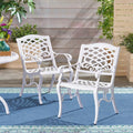 Roomfitters Set Of 2 Outdoor Patio Dining Armchairs With Lattice Design Cast Aluminum Chairs For Garden And Deck White