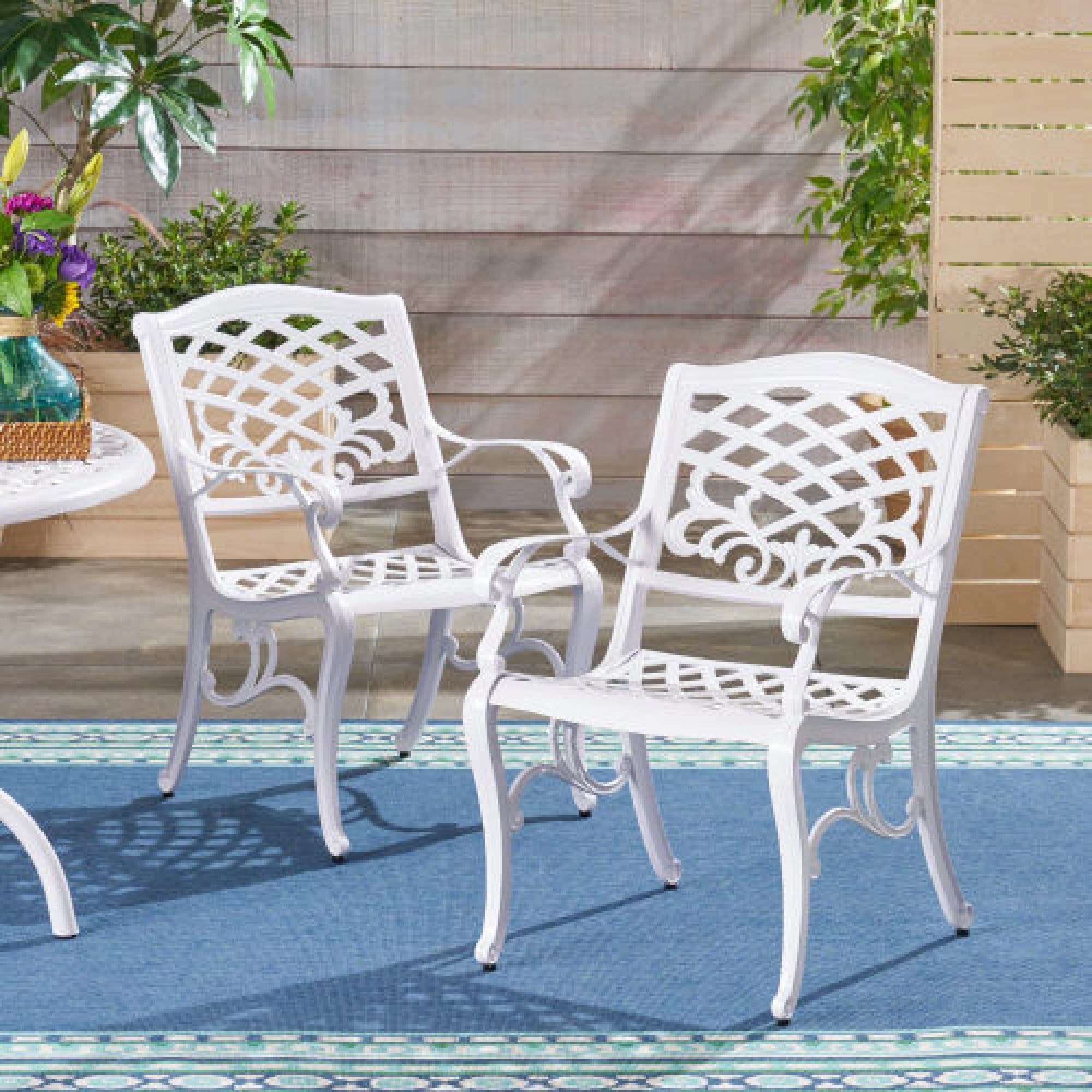 Roomfitters Set Of 2 Outdoor Patio Dining Armchairs With Lattice Design Cast Aluminum Chairs For Garden And Deck White