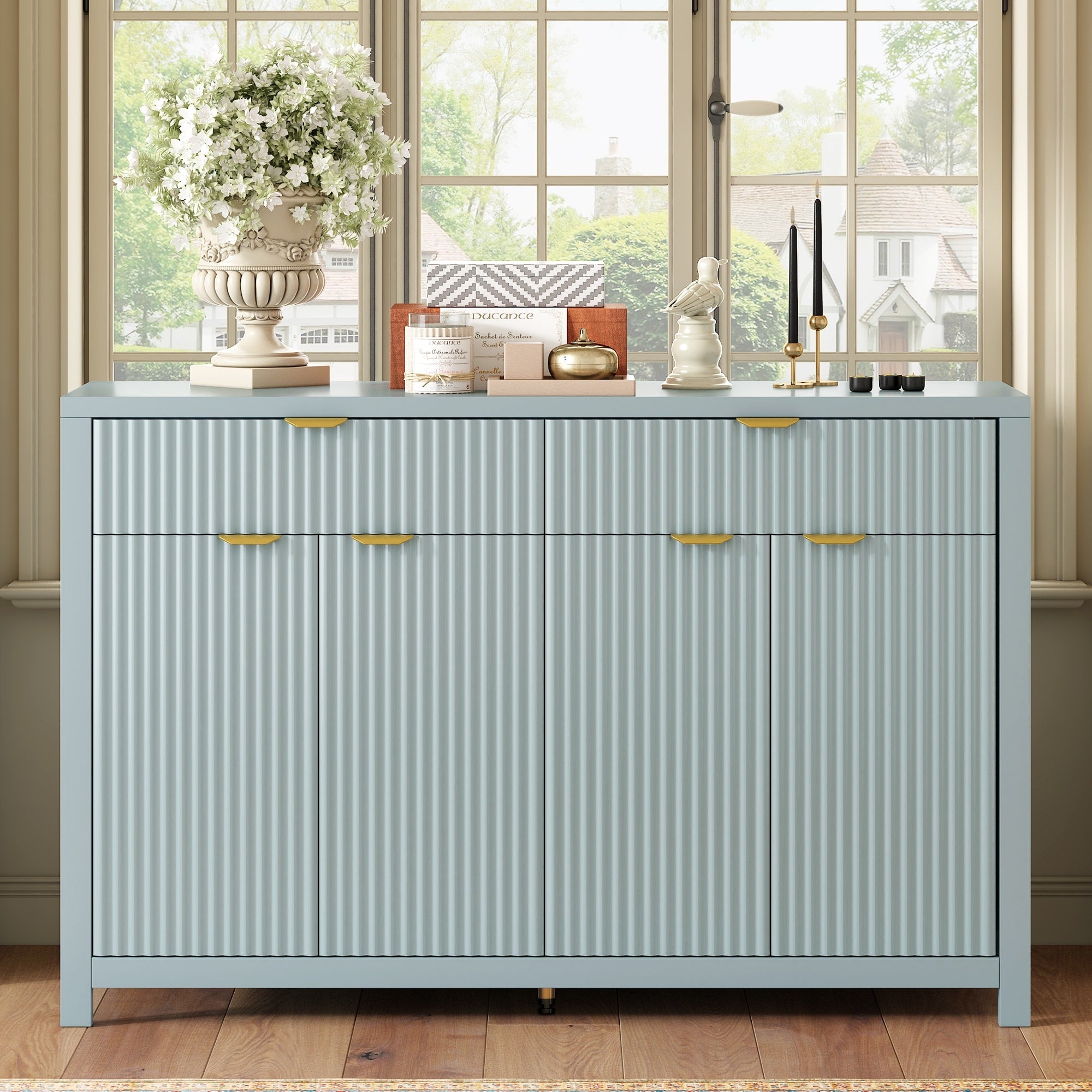 Roomfitters Sideboard Buffet Cabinet With 2 Drawers 4 Door Mid Century Modern Fluted Storage For Kitchen Dining Room Cyan