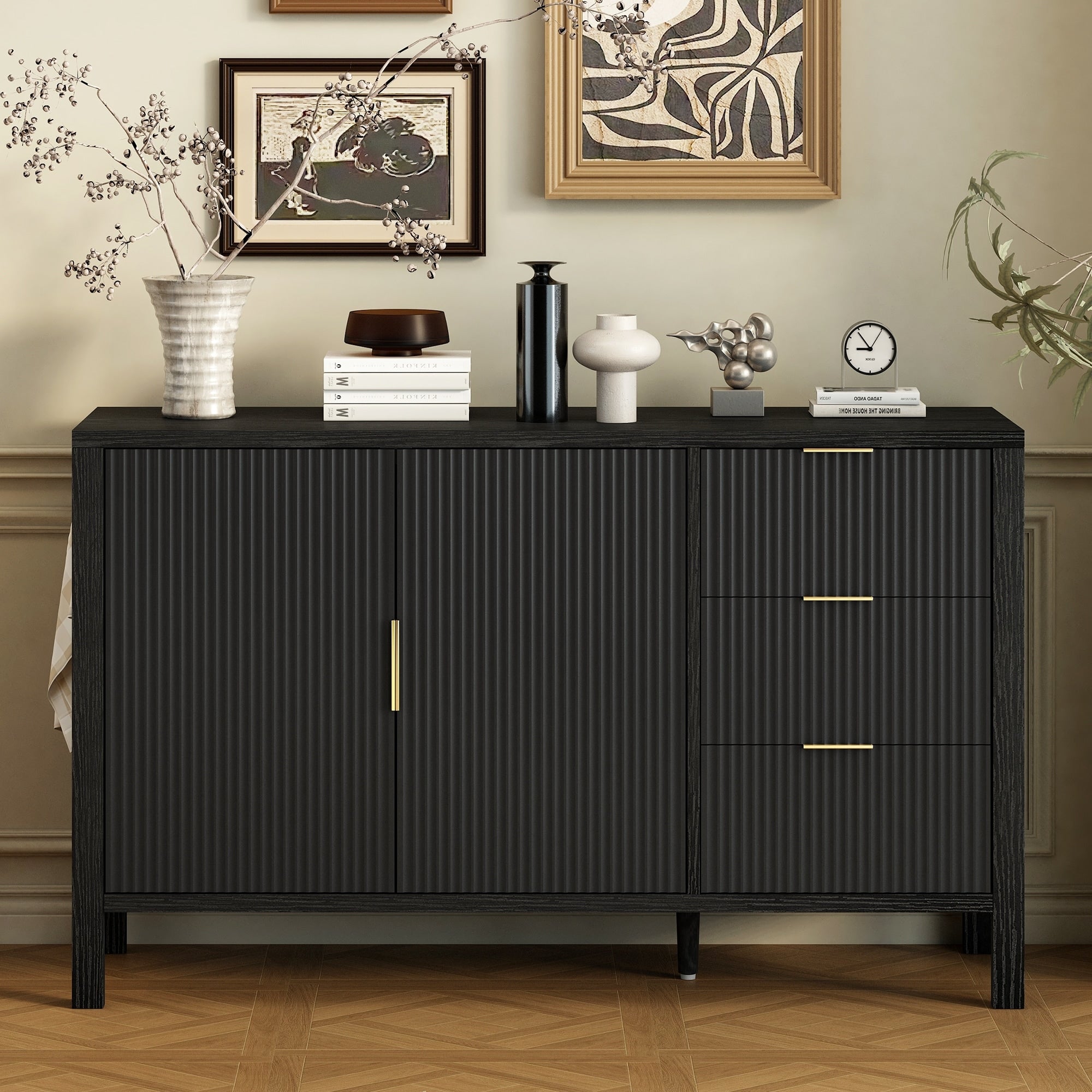 Roomfitters Sideboard Buffet Cabinet With 3 Drawers 2 Door Mid Century Fluted Accent Storage For Kitchen Dining