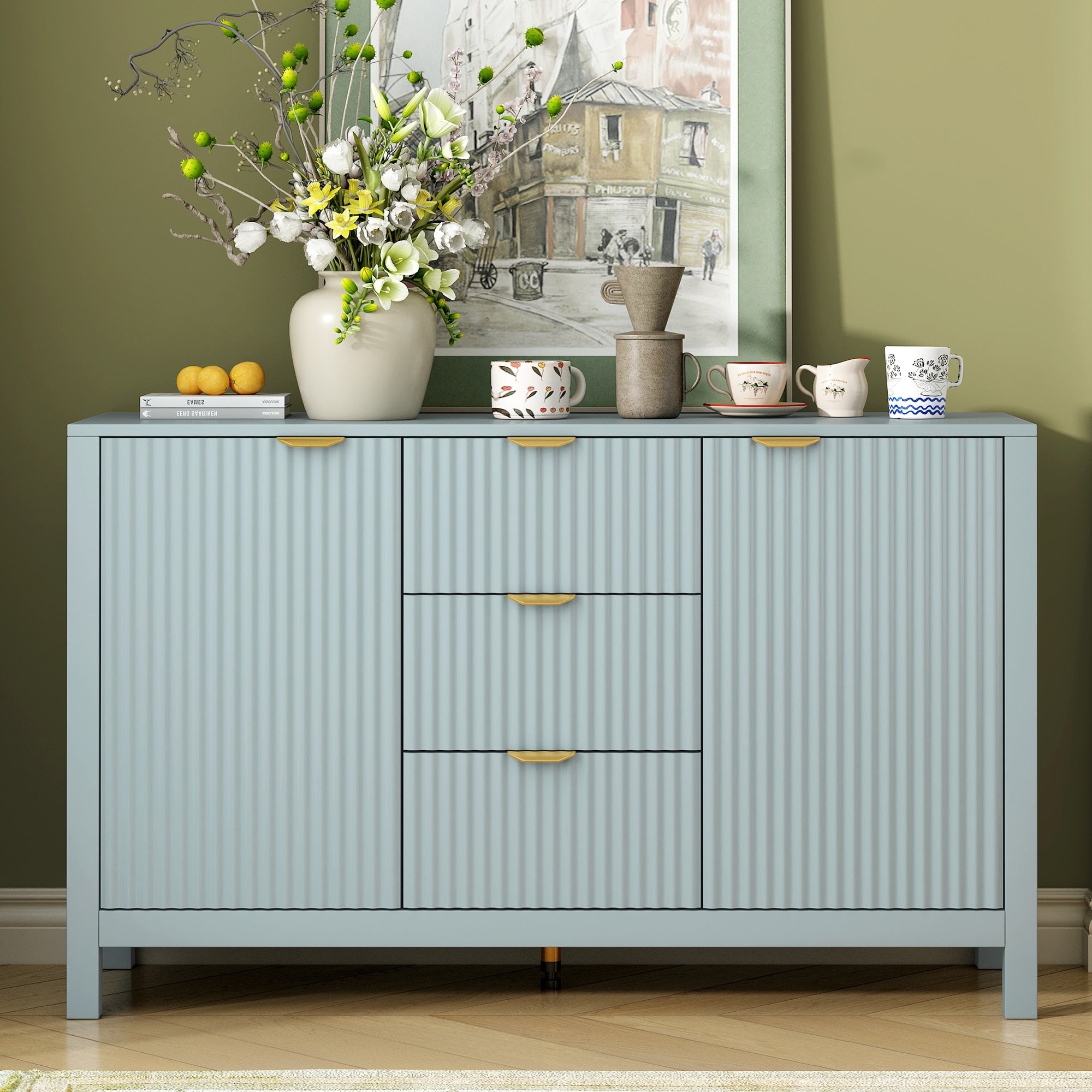 Roomfitters Sideboard Buffet Cabinet With 3 Drawers Mid Century Modern Fluted Accent Storage For Kitchen Dining Cyan
